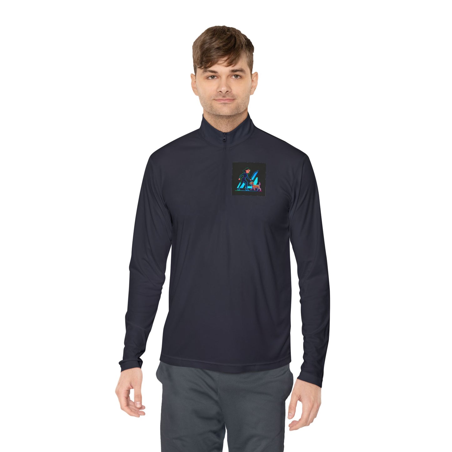GiGi Logo Quarter-Zip Pullover — Neon Retro Dog Walker Design