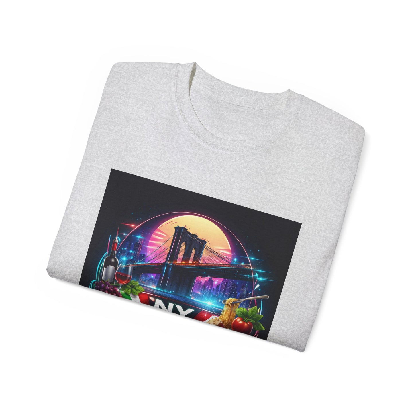 NY Italian Culture T‑Shirt — Retro Neon Brooklyn Bridge Graphic