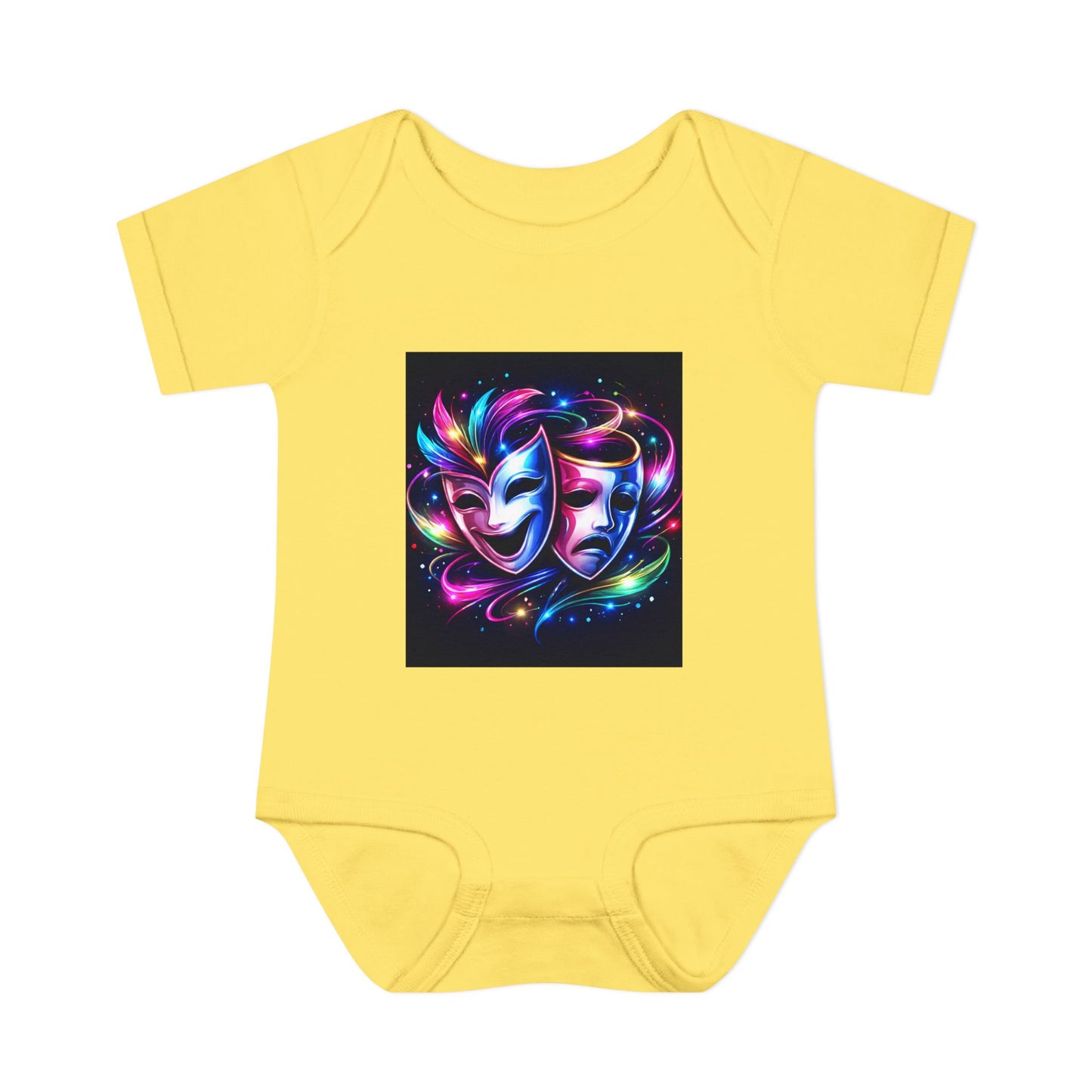 Neon Theatre Masks Infant Bodysuit — Colorful Drama Baby Onesie