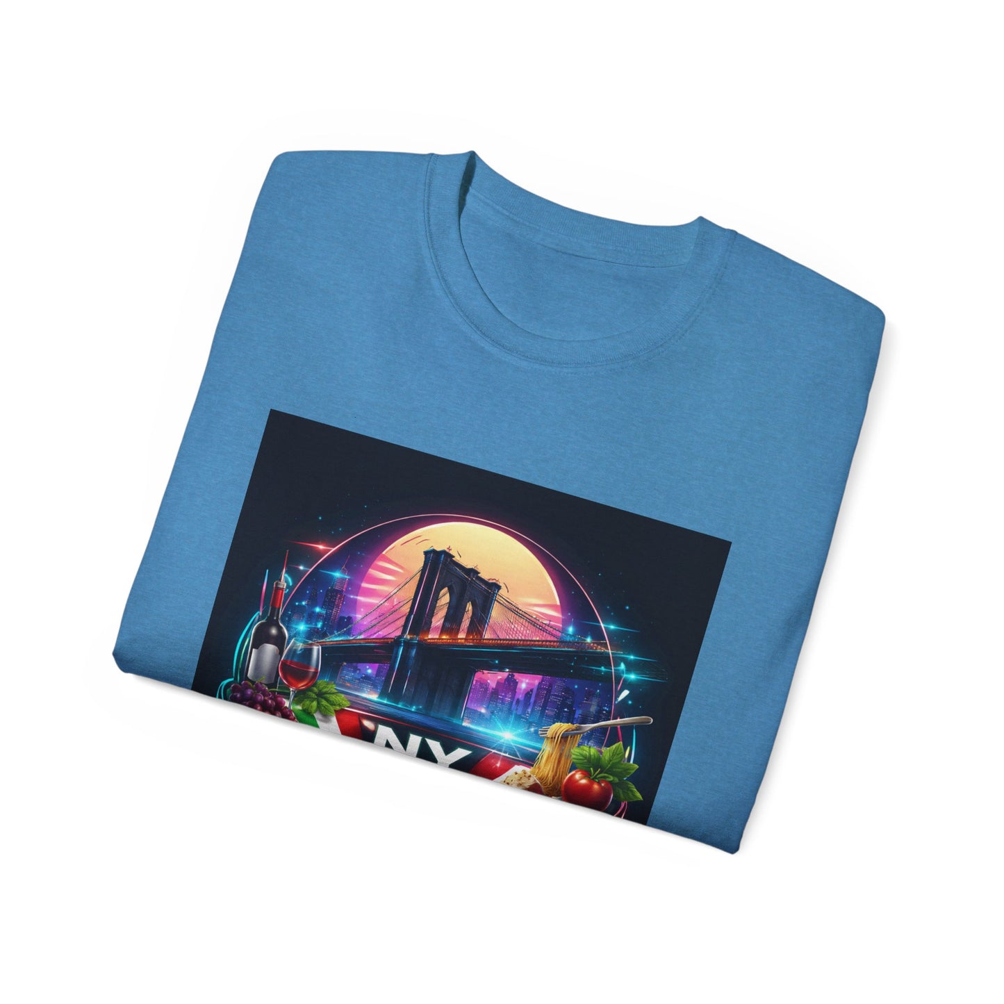 NY Italian Culture T‑Shirt — Retro Neon Brooklyn Bridge Graphic