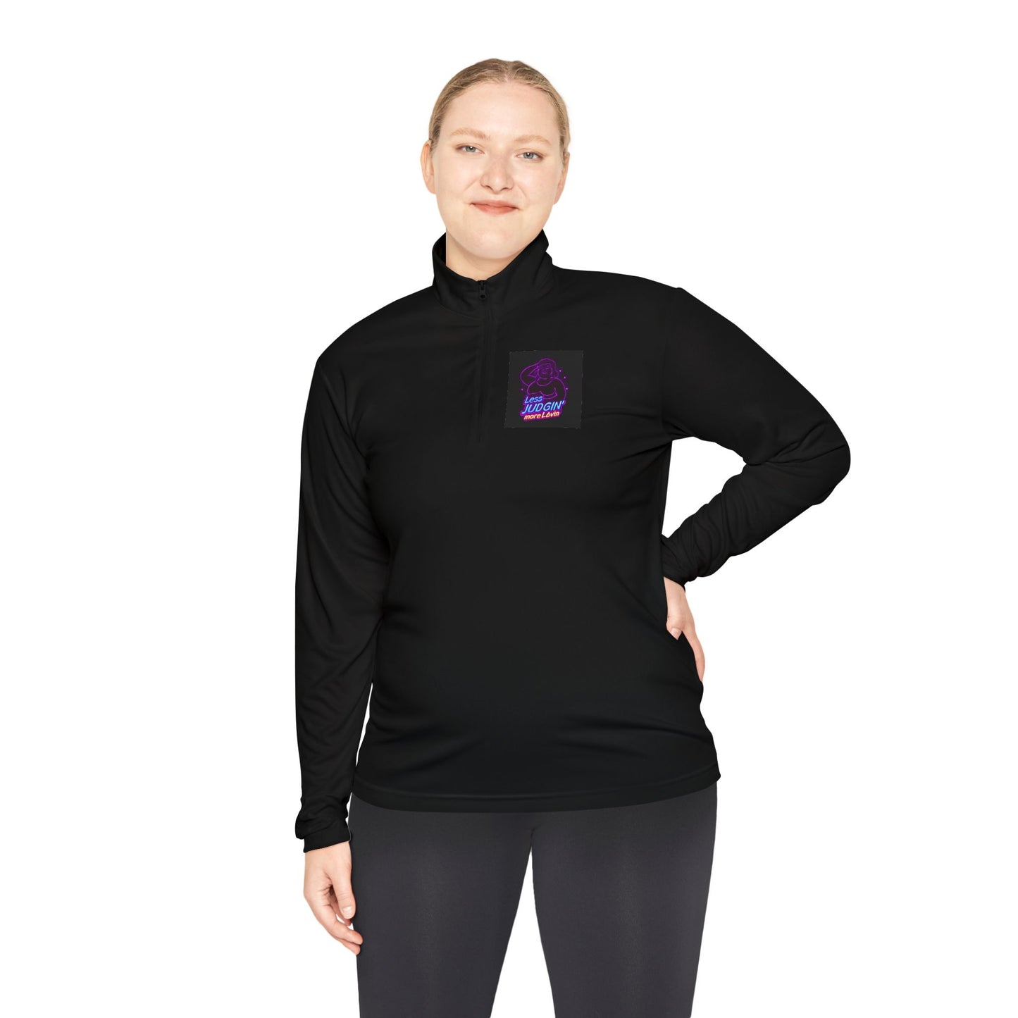 Quarter-Zip Pullover — "Less Judgin’ More Lovin’" Retro Neon Graphic
