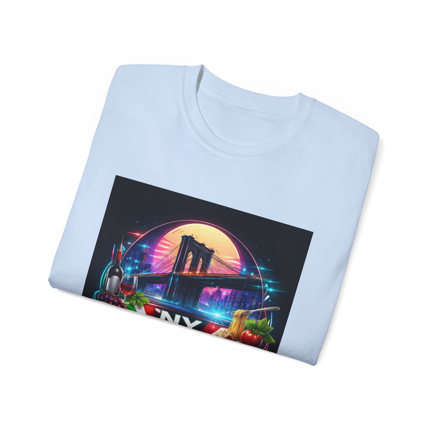 NY Italian Culture T‑Shirt — Retro Neon Brooklyn Bridge Graphic