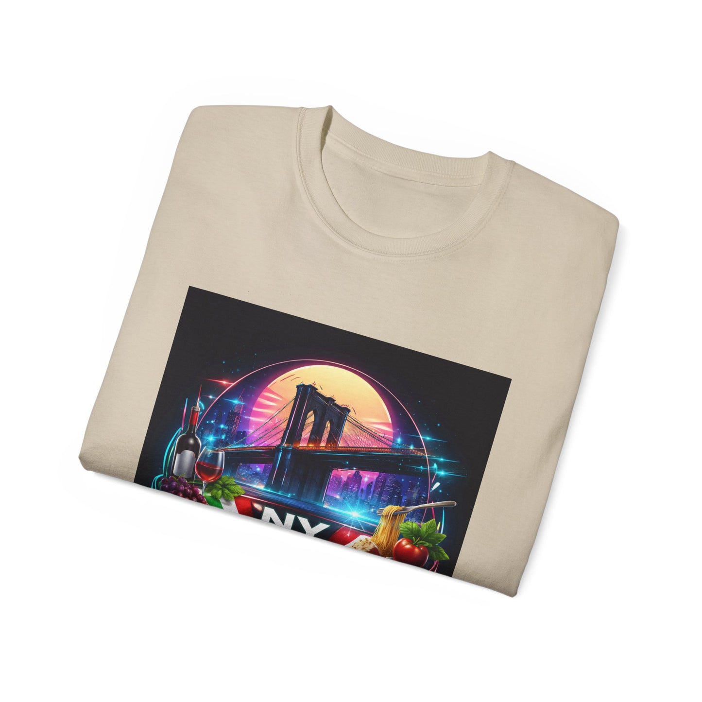 NY Italian Culture T‑Shirt — Retro Neon Brooklyn Bridge Graphic