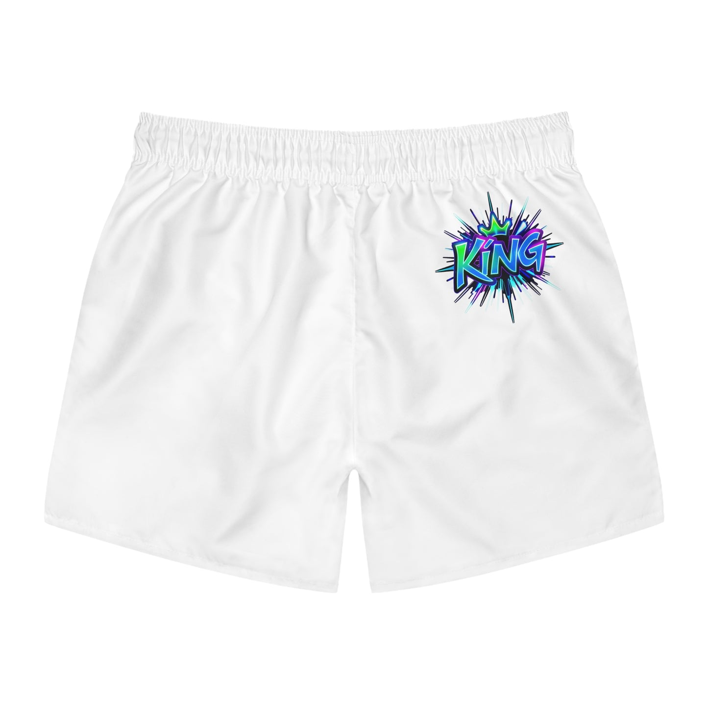 King Swim Trunks, Colorful Beach Shorts, Summer Swimwear, Vacation Swim Trunks, Fun Pool Party Gear