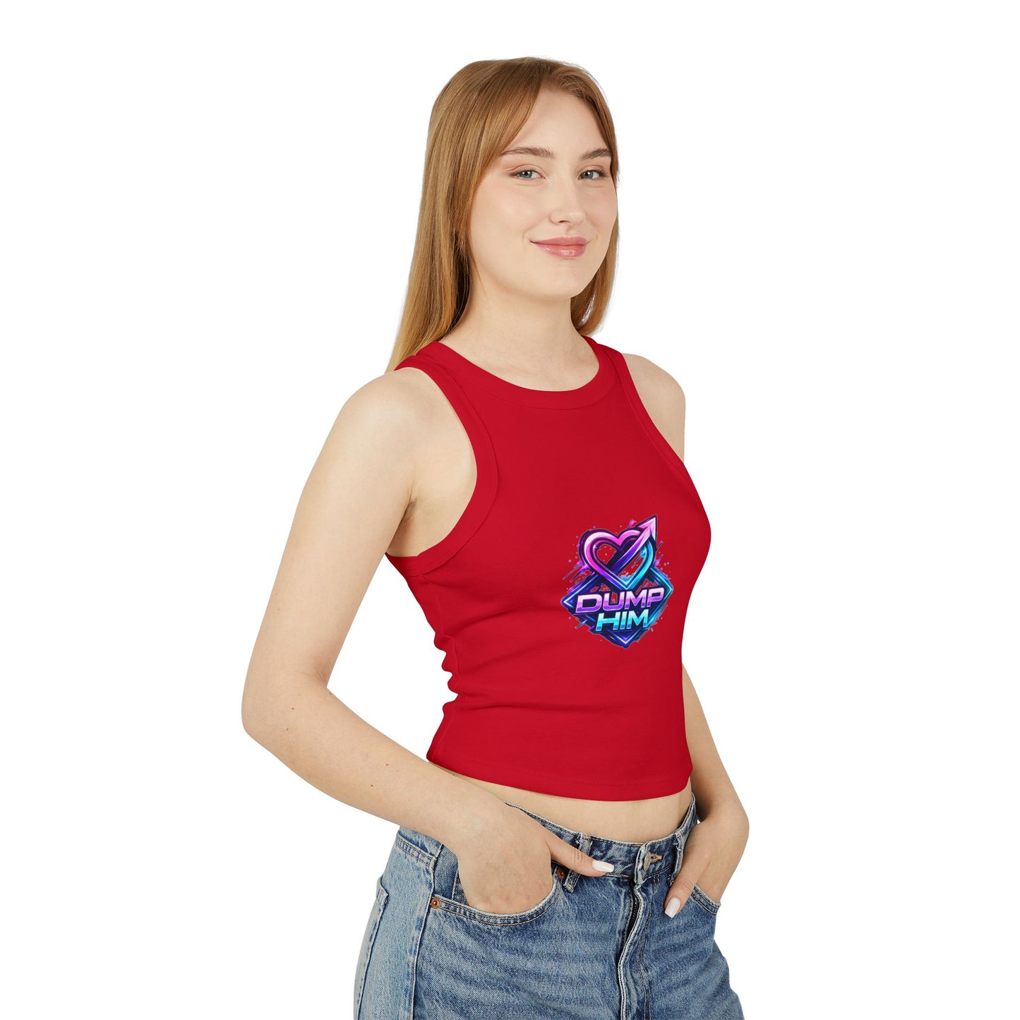 Dump Him Graphic Racer Tank Top — Bold Retro Heart Breakup Tee for Women