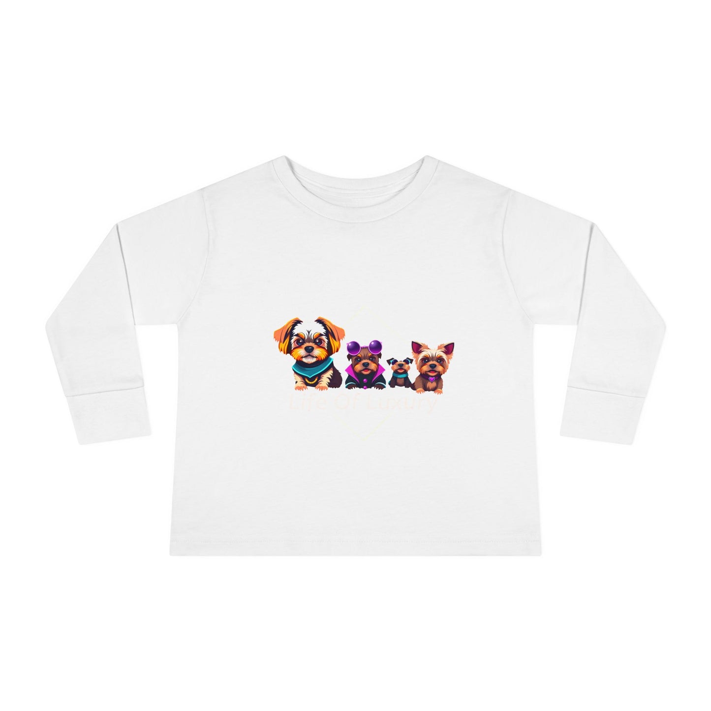 Colorful Toddler Long Sleeve Tee with Fun Dog Design, Life Of Luxury, Cute Pet Shirt, Perfect for Parties, Birthdays, Gift Idea