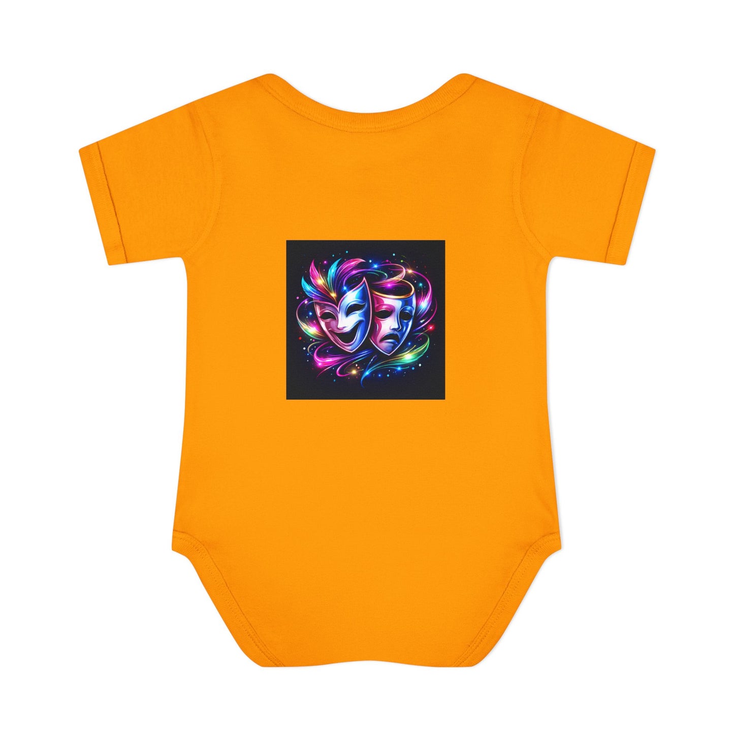 Neon Theatre Masks Infant Bodysuit — Colorful Drama Baby Onesie