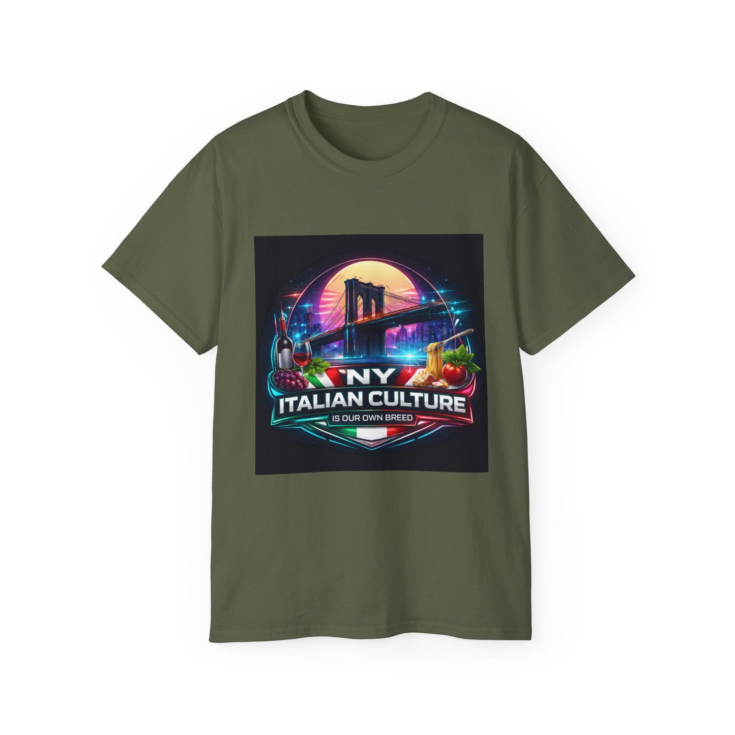 NY Italian Culture T‑Shirt — Retro Neon Brooklyn Bridge Graphic