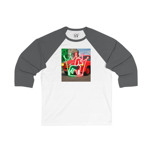 Festive Unisex Baseball Tee with Neon Holiday Design, Casual Tee, Holiday Apparel, Gift Idea, Christmas Shirt, Unisex Fashion