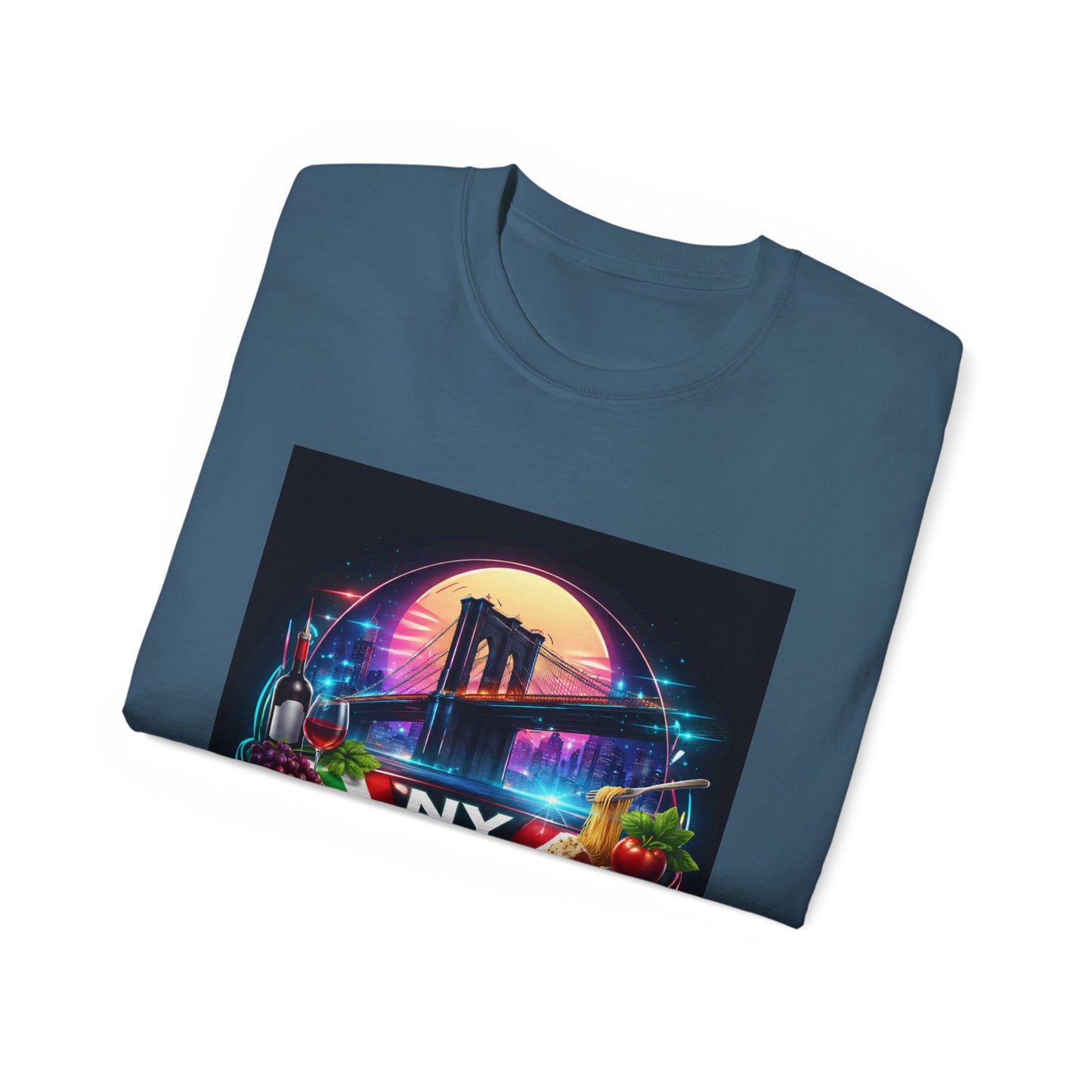 NY Italian Culture T‑Shirt — Retro Neon Brooklyn Bridge Graphic