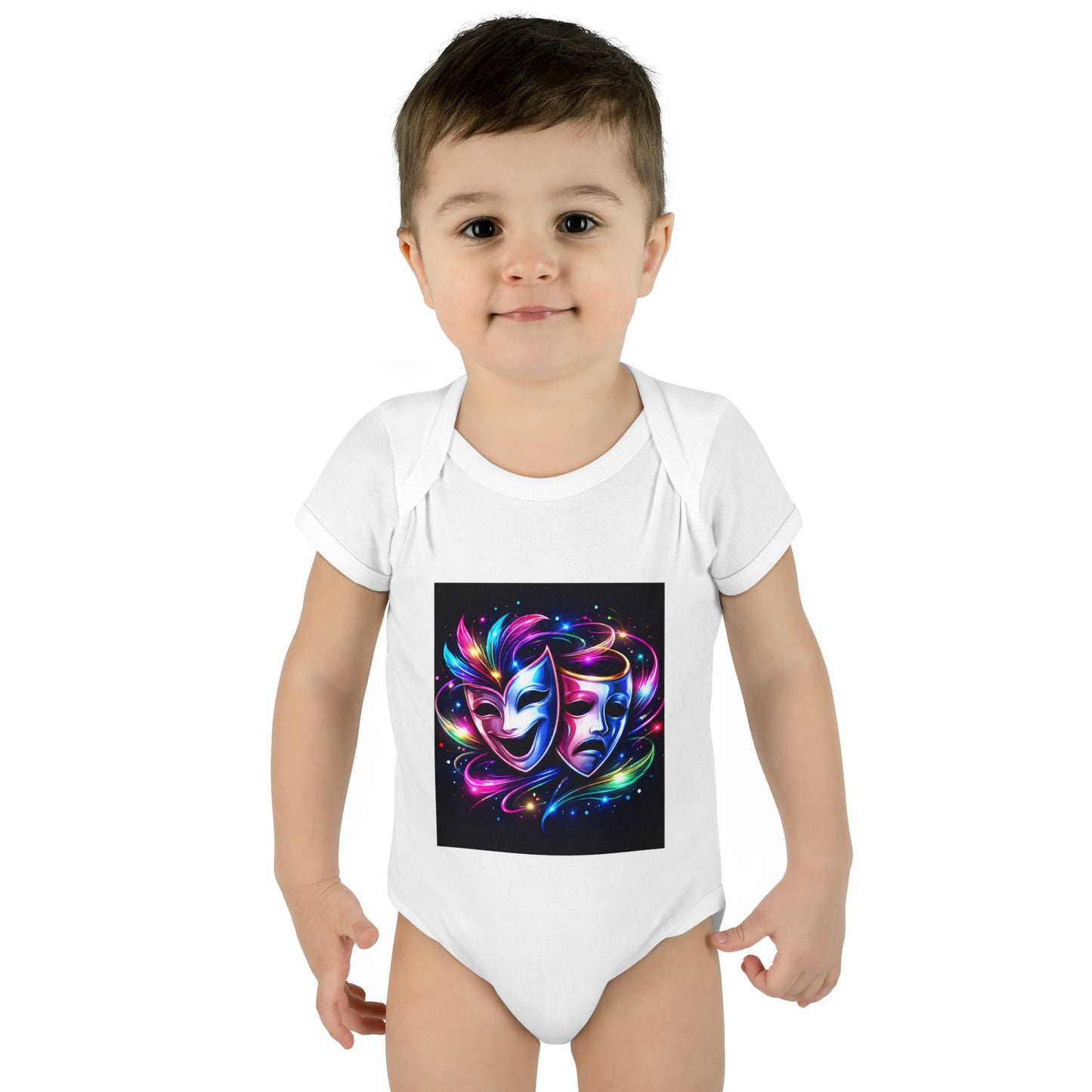 Neon Theatre Masks Infant Bodysuit — Colorful Drama Baby Onesie