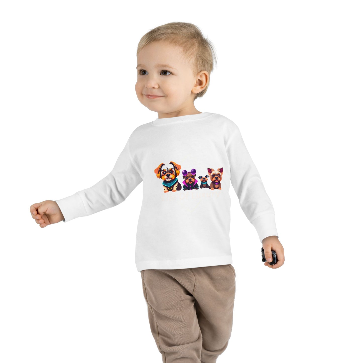 Colorful Toddler Long Sleeve Tee with Fun Dog Design, Life Of Luxury, Cute Pet Shirt, Perfect for Parties, Birthdays, Gift Idea