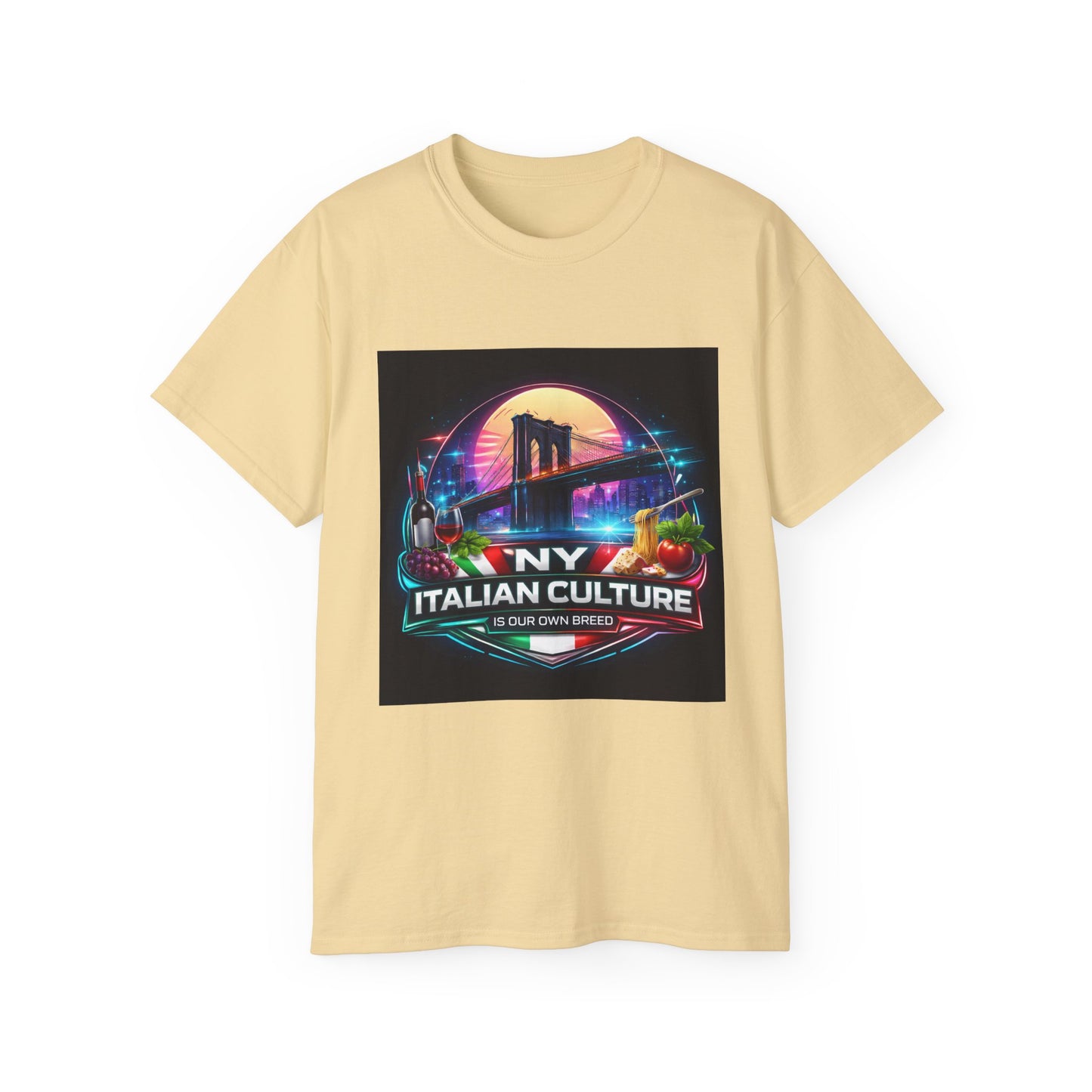 NY Italian Culture T‑Shirt — Retro Neon Brooklyn Bridge Graphic