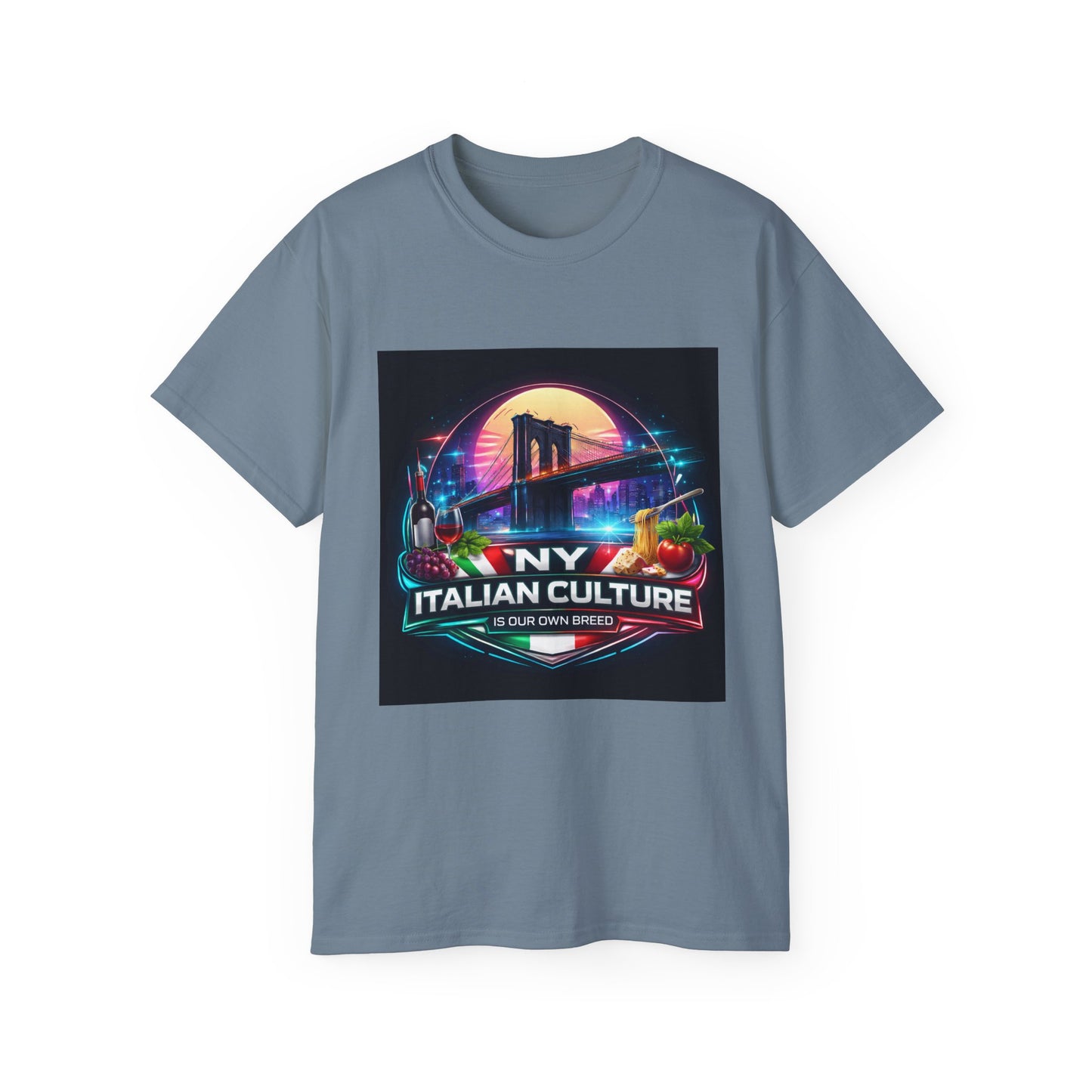 NY Italian Culture T‑Shirt — Retro Neon Brooklyn Bridge Graphic