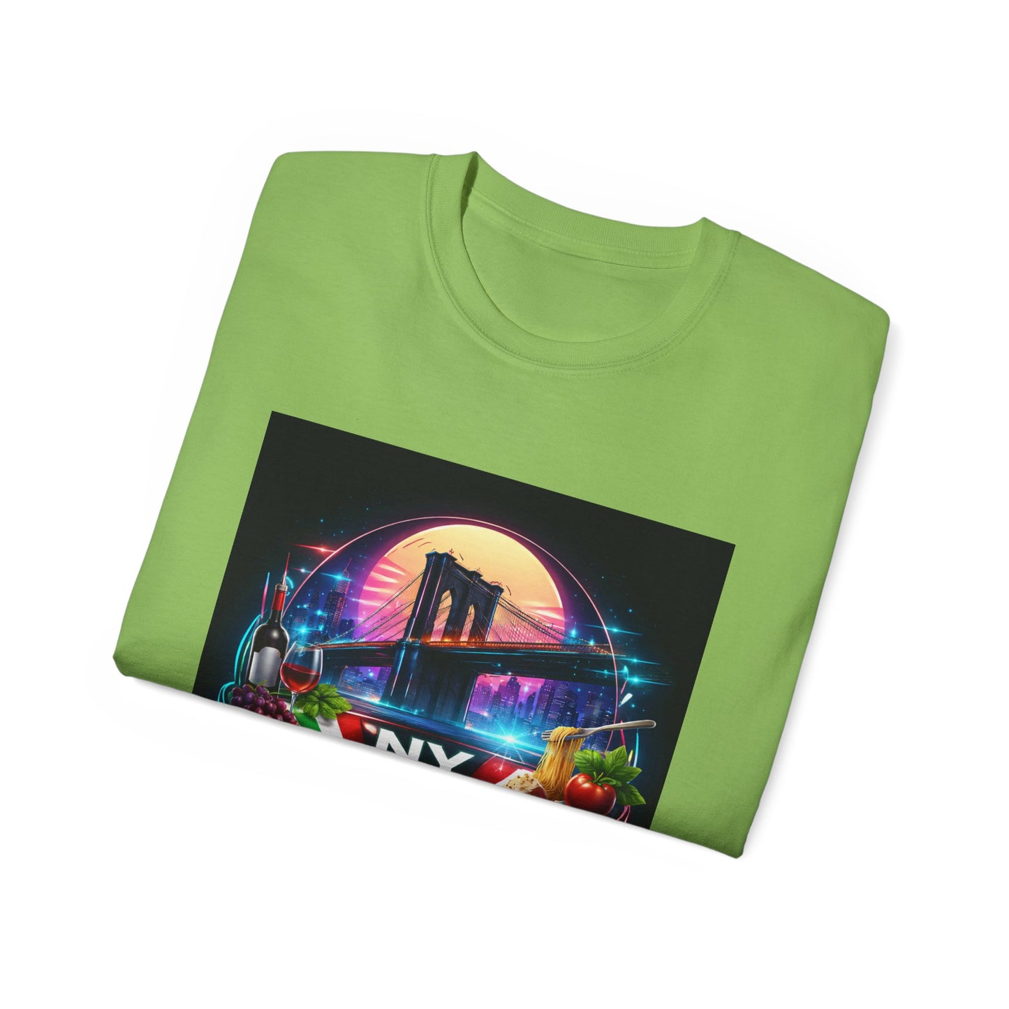 NY Italian Culture T‑Shirt — Retro Neon Brooklyn Bridge Graphic