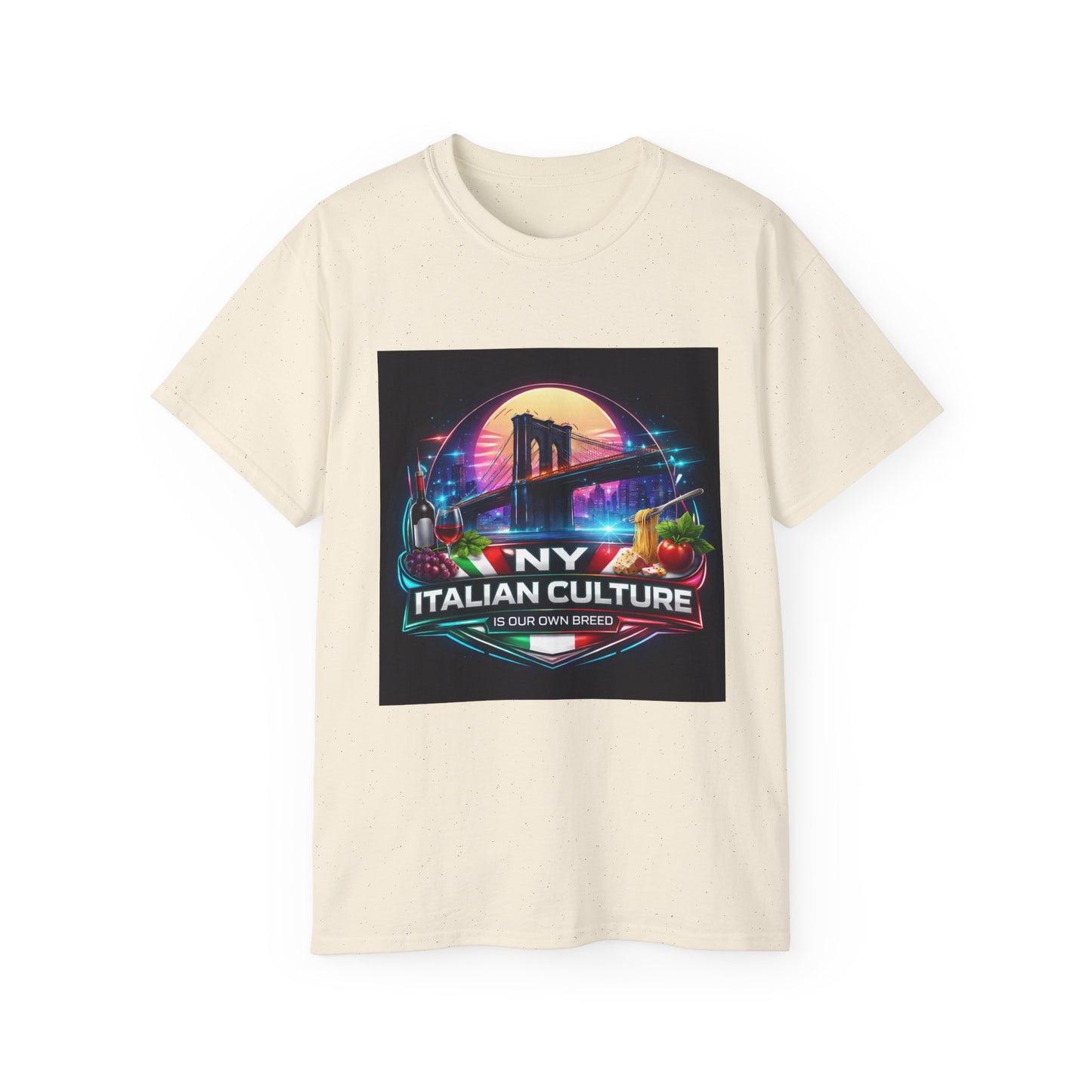 NY Italian Culture T‑Shirt — Retro Neon Brooklyn Bridge Graphic