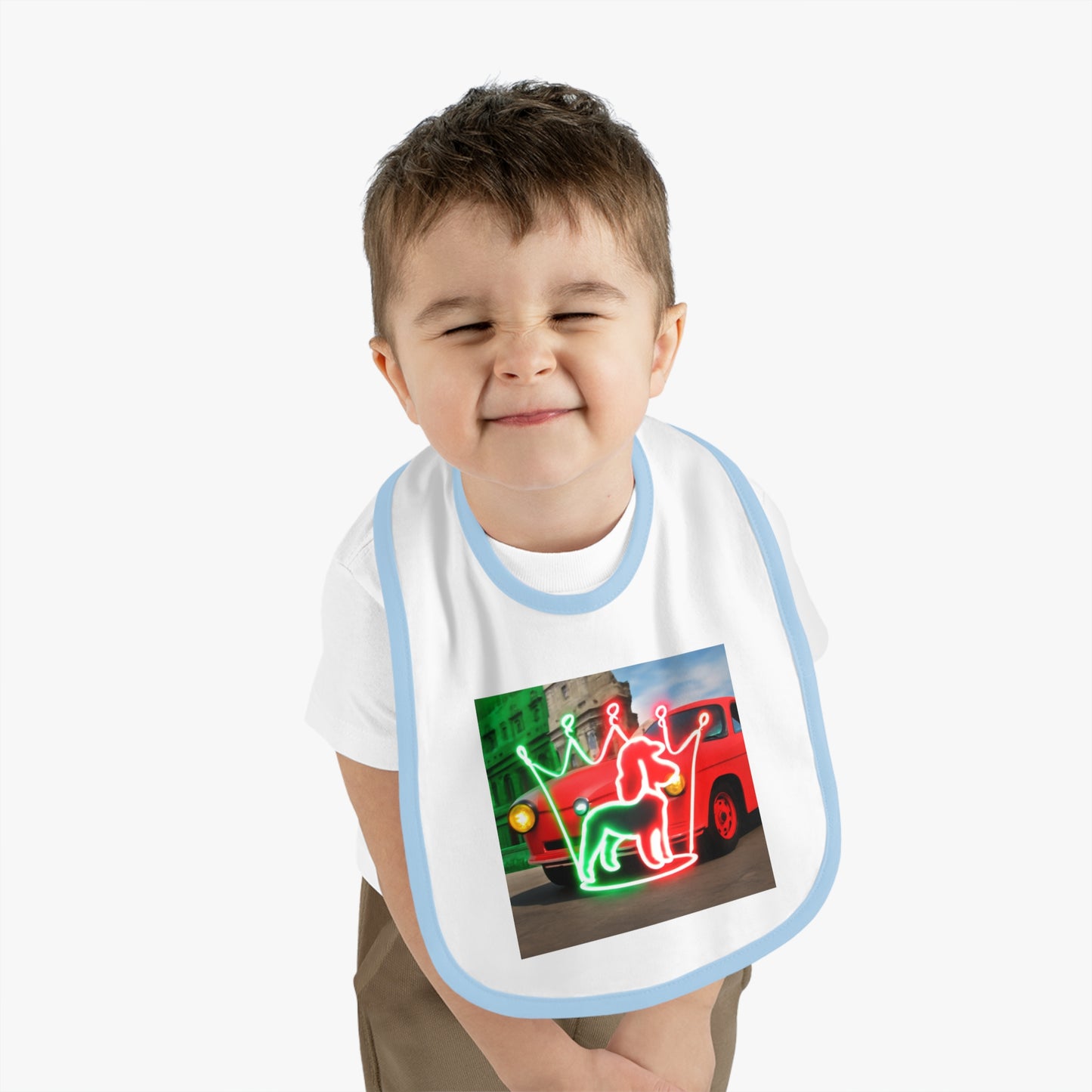 Cute Baby Bib with Neon Dog and Crown Design, Fun Baby Shower Gift, Festive Feeding Bib, Adorable Toddler Accessory, Baby Feeding Essentials