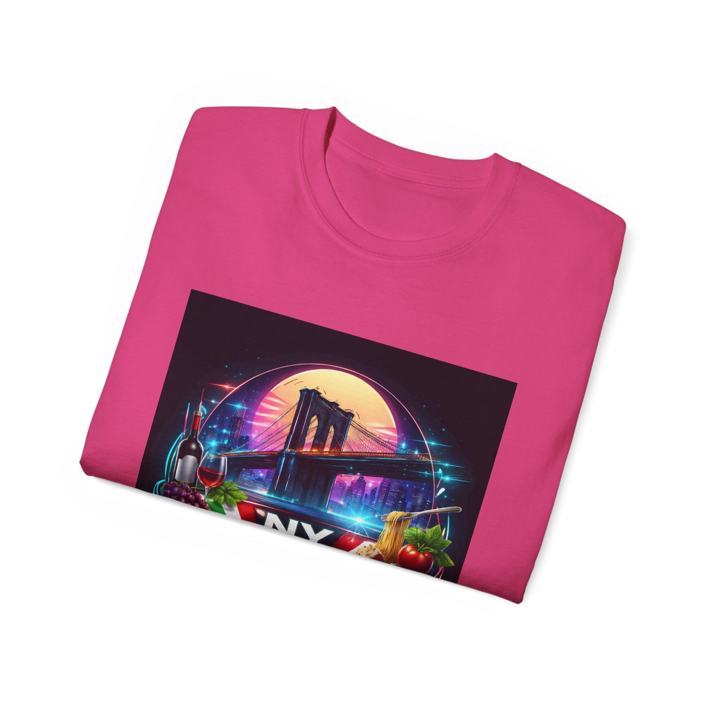 NY Italian Culture T‑Shirt — Retro Neon Brooklyn Bridge Graphic