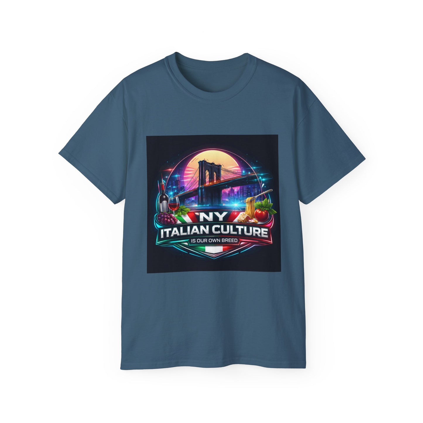 NY Italian Culture T‑Shirt — Retro Neon Brooklyn Bridge Graphic