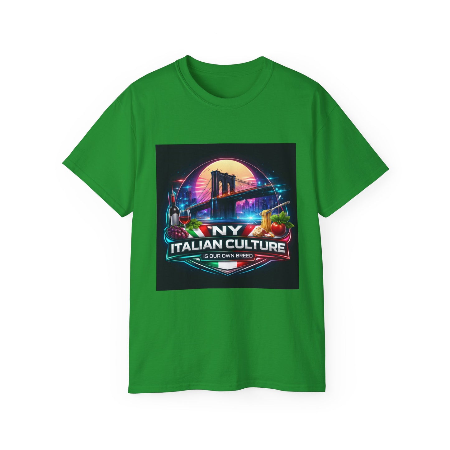 NY Italian Culture T‑Shirt — Retro Neon Brooklyn Bridge Graphic