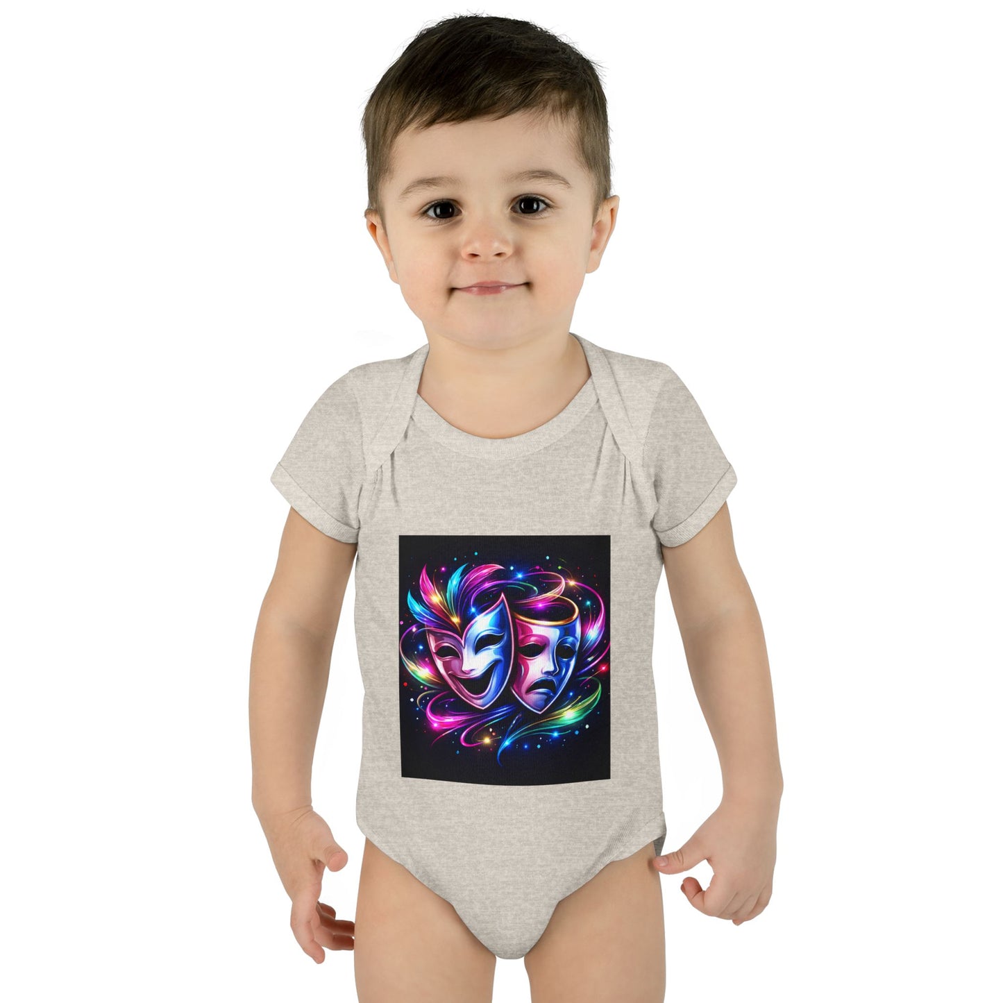 Neon Theatre Masks Infant Bodysuit — Colorful Drama Baby Onesie
