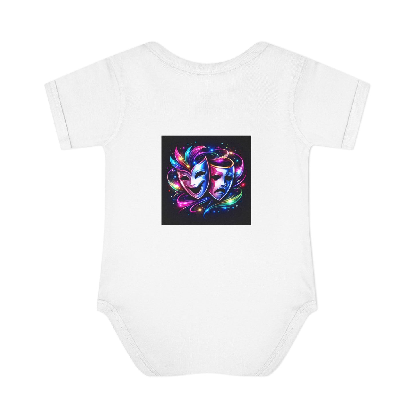 Neon Theatre Masks Infant Bodysuit — Colorful Drama Baby Onesie