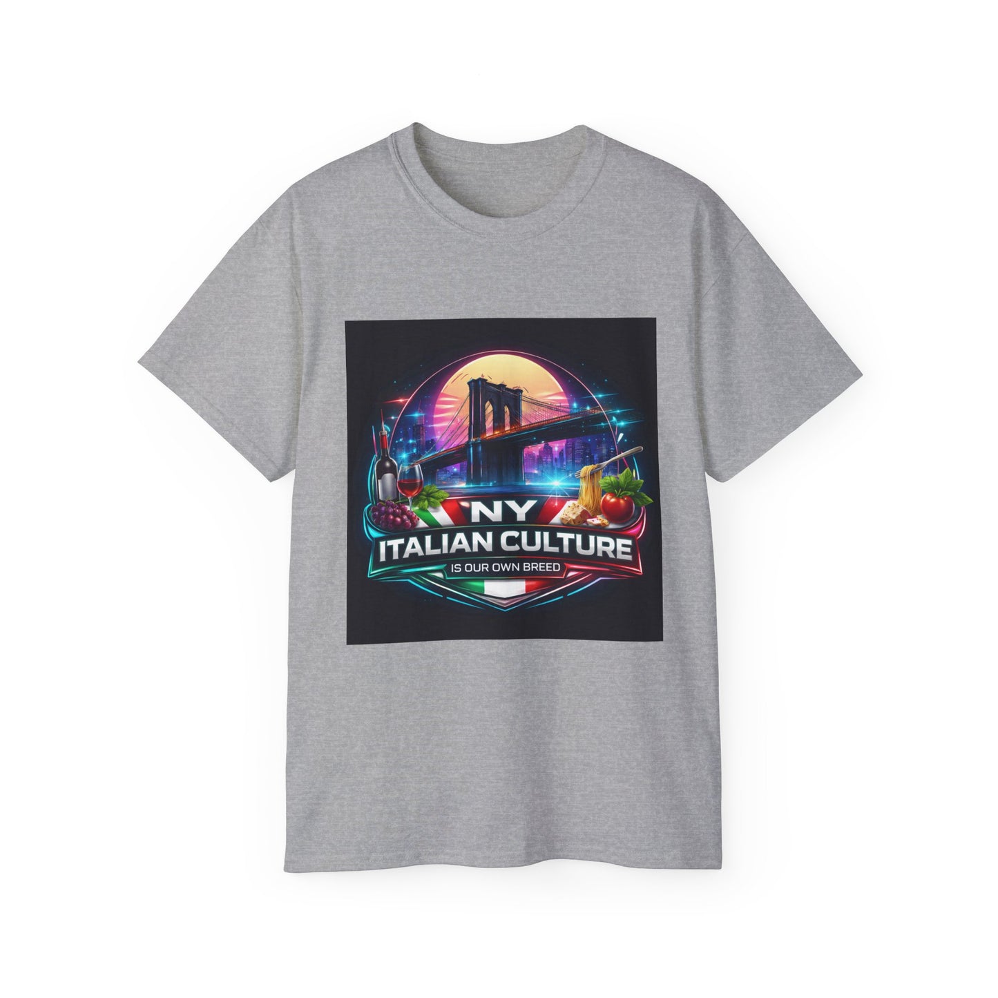 NY Italian Culture T‑Shirt — Retro Neon Brooklyn Bridge Graphic