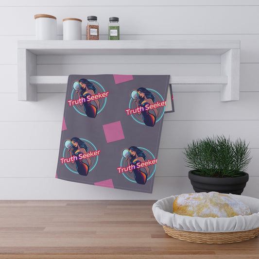Truth Seeker Tea Towel — Mystical Detective Kitchen Linen with Retro Neon Design