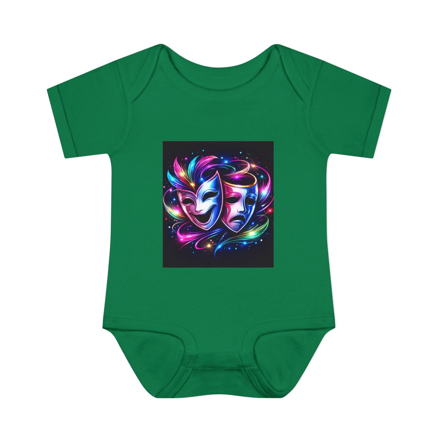 Neon Theatre Masks Infant Bodysuit — Colorful Drama Baby Onesie