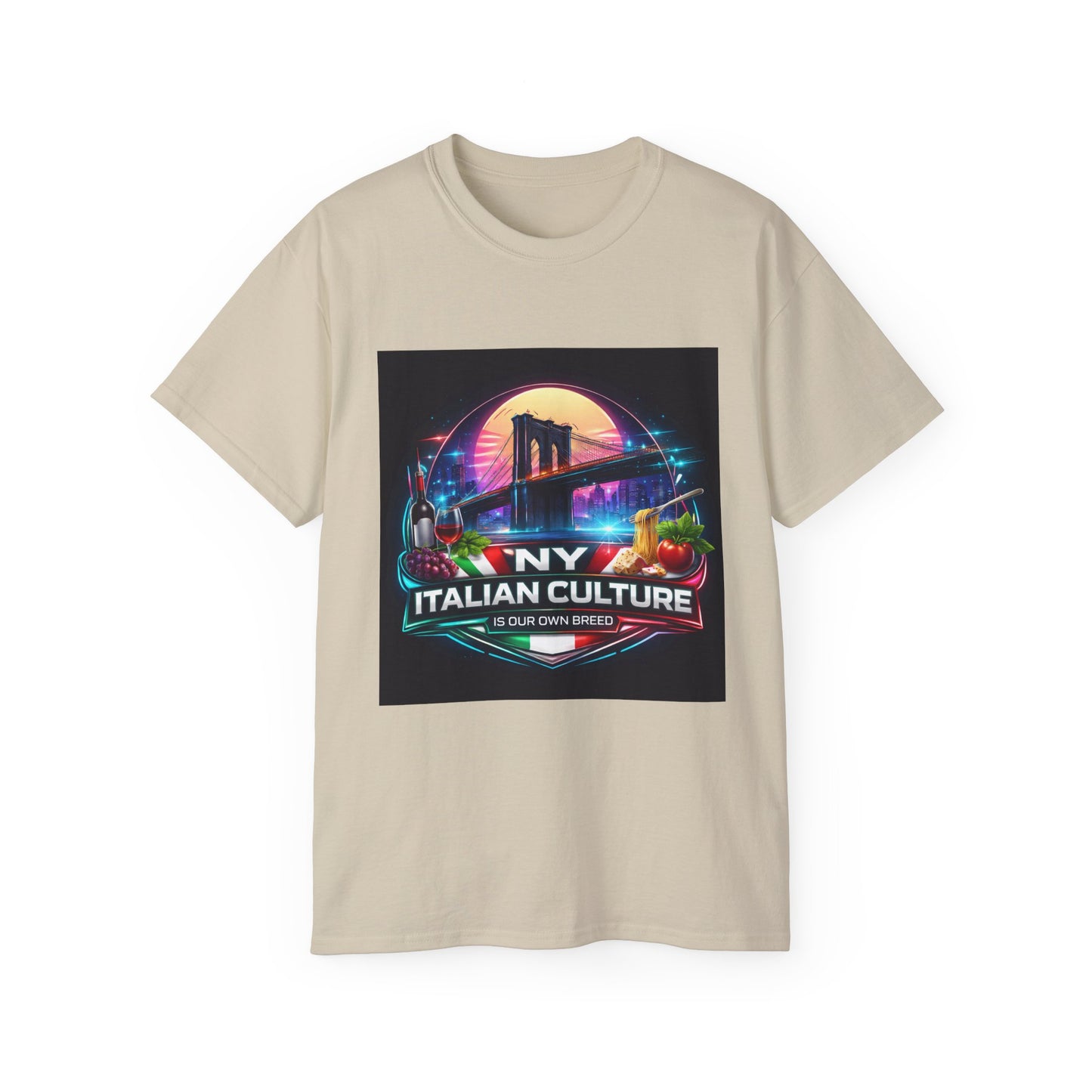 NY Italian Culture T‑Shirt — Retro Neon Brooklyn Bridge Graphic