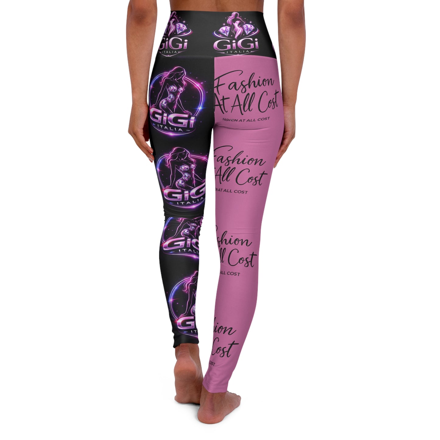 High Waist Graphic Yoga Leggings — 'Fashion At All Cost' Pink & Black AOP