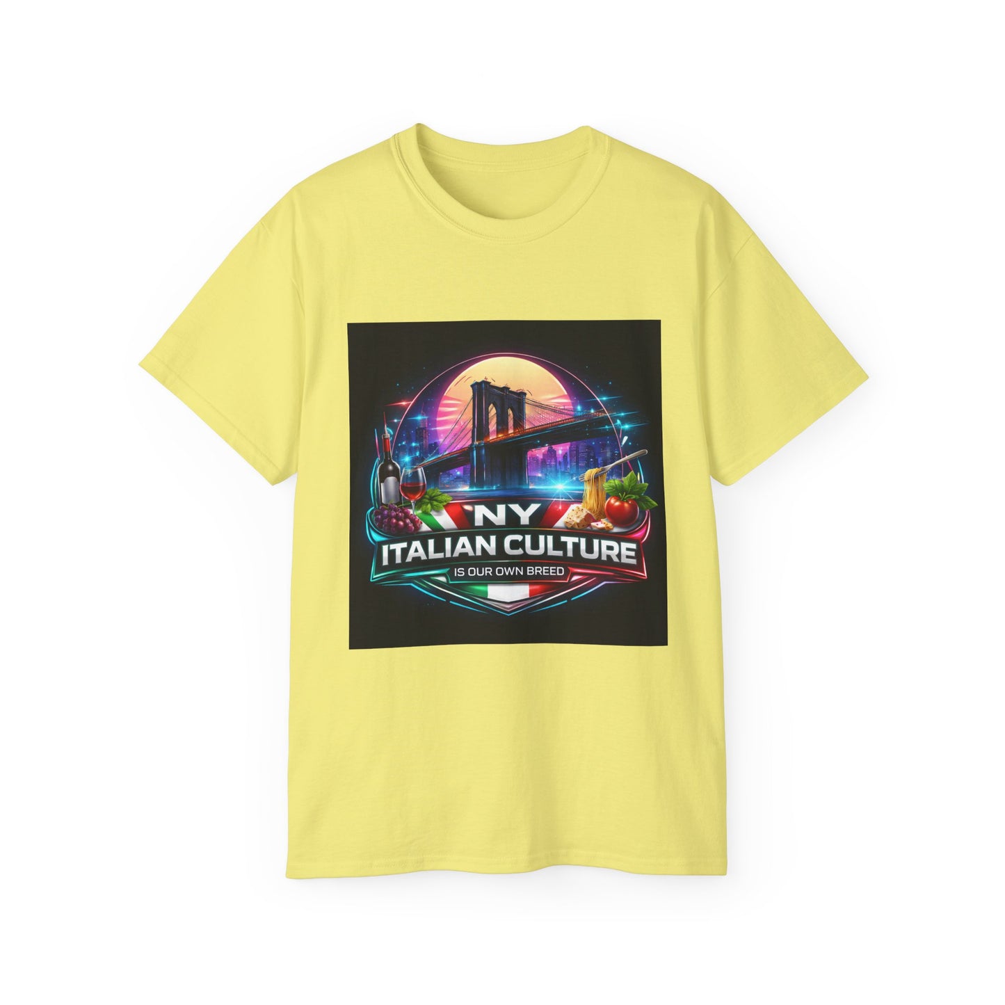 NY Italian Culture T‑Shirt — Retro Neon Brooklyn Bridge Graphic