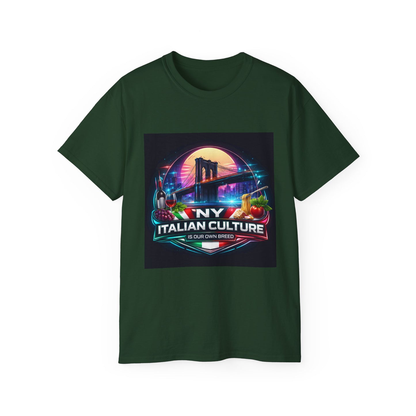 NY Italian Culture T‑Shirt — Retro Neon Brooklyn Bridge Graphic