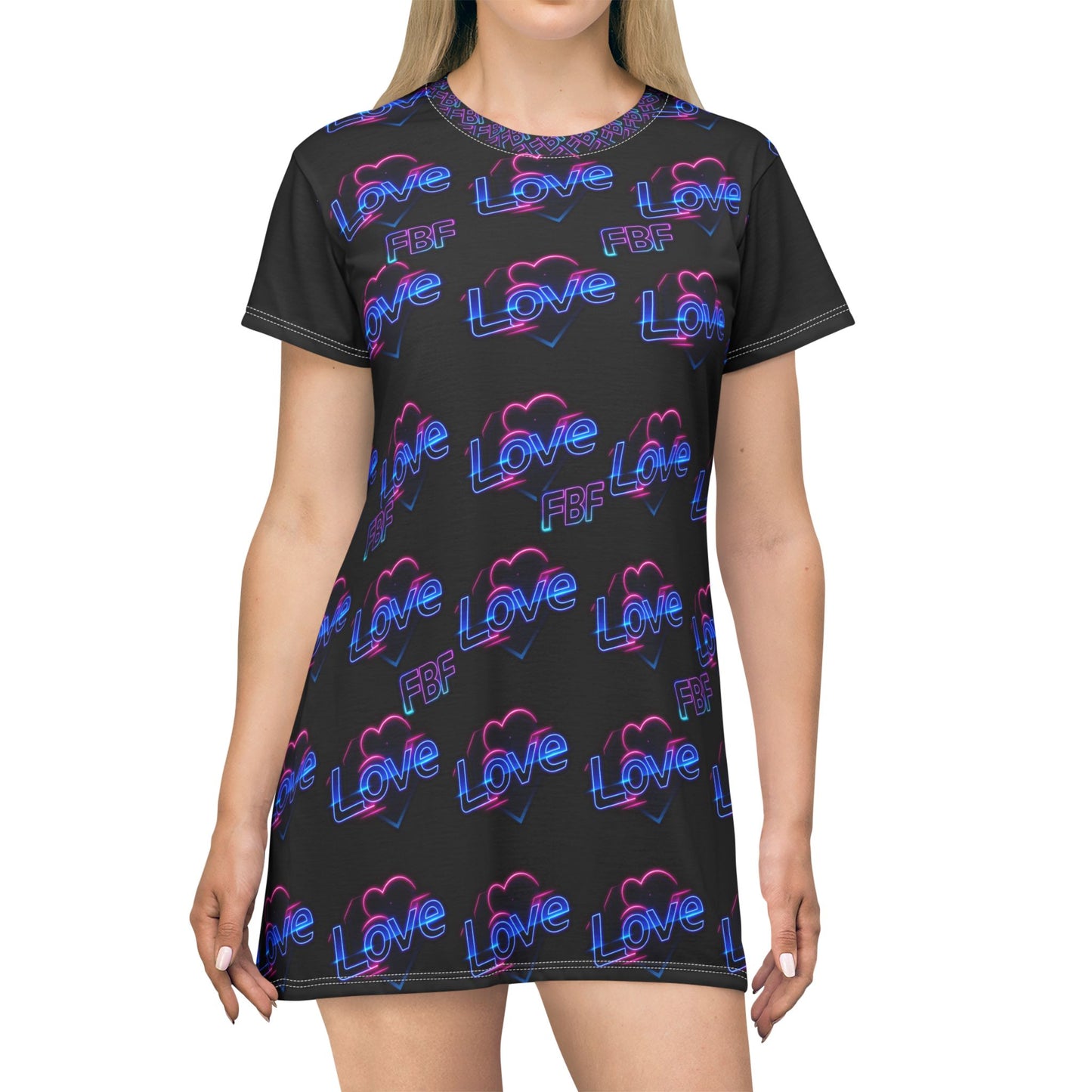 Neon 'LOVE' Graphic T-Shirt Dress — Retro Vaporwave Heart Print