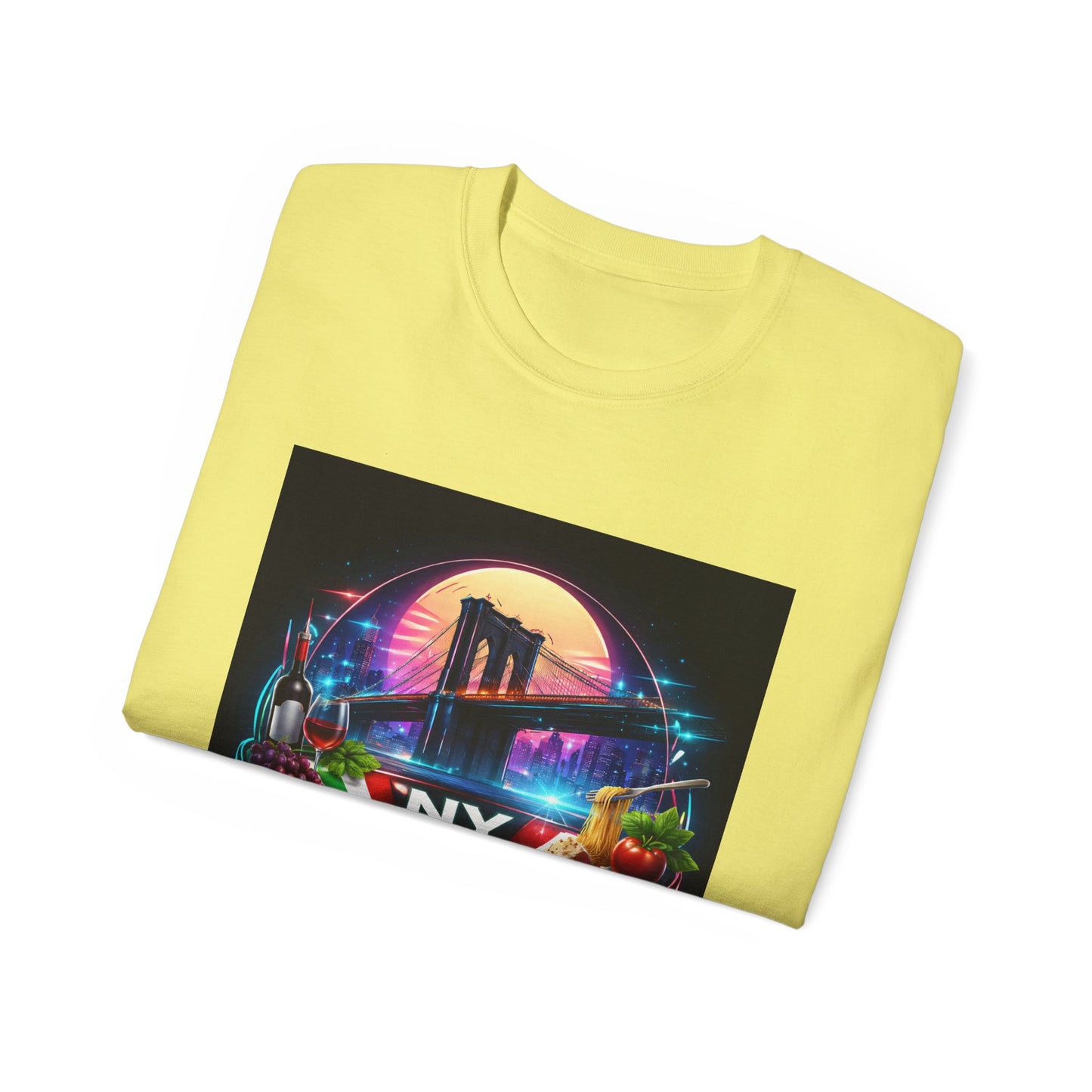 NY Italian Culture T‑Shirt — Retro Neon Brooklyn Bridge Graphic