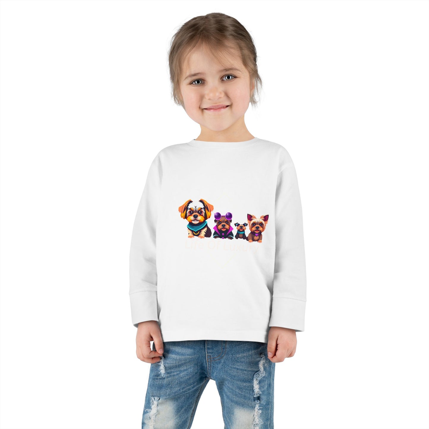 Colorful Toddler Long Sleeve Tee with Fun Dog Design, Life Of Luxury, Cute Pet Shirt, Perfect for Parties, Birthdays, Gift Idea