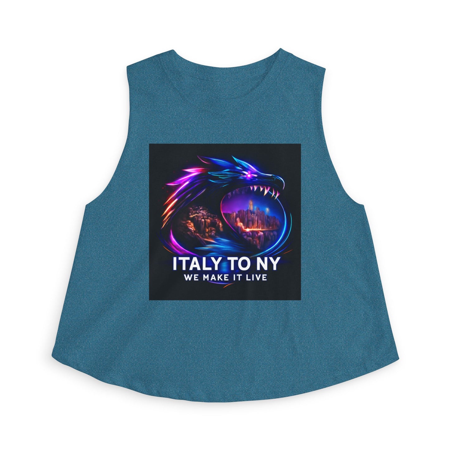 Dragon Logo Crop Top — "Italy to NY We Make It Live" Neon Graphic