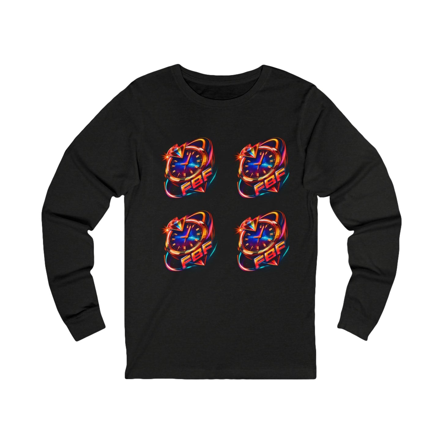 FBF Neon Clock Long Sleeve Tee — Retro Futuristic Timepiece Graphic Shirt