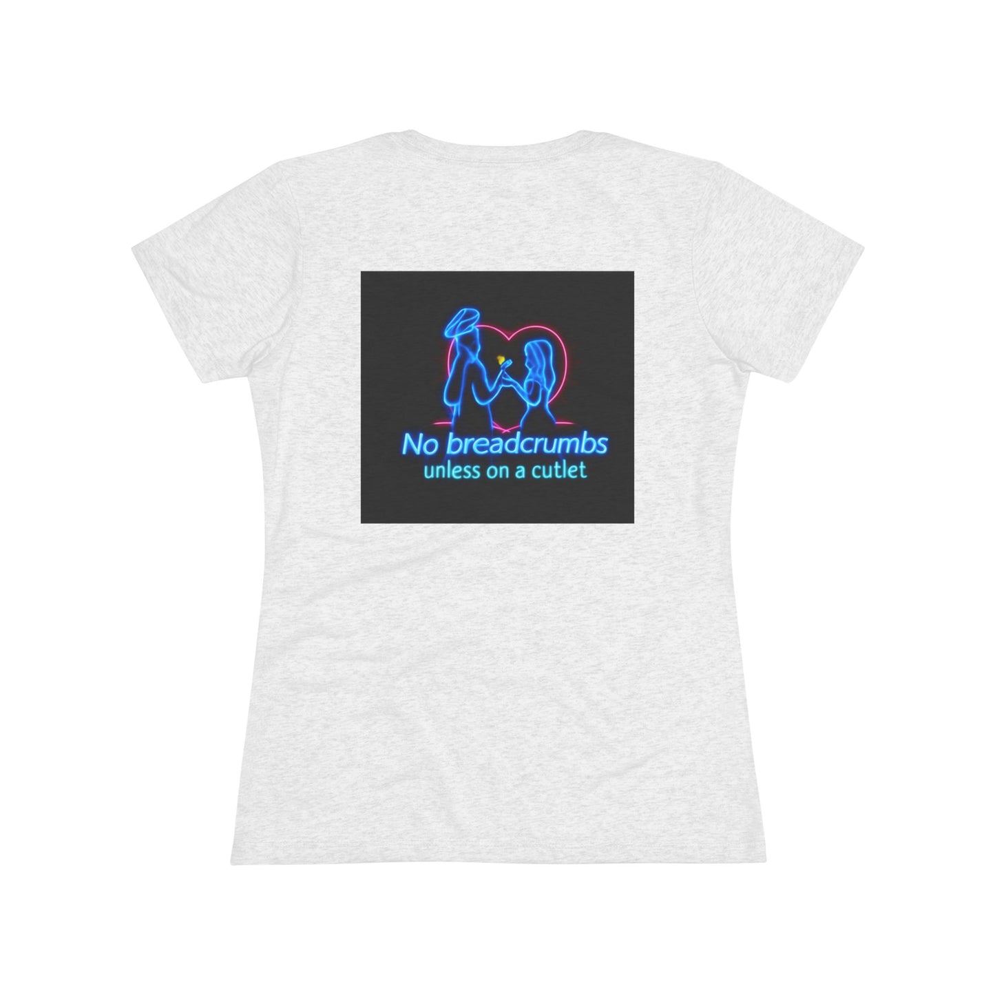 “No Breadcrumbs Unless on a Cutlet” Womens Tee — Funny Neon Cat & Rooster Graphic T-Shirt