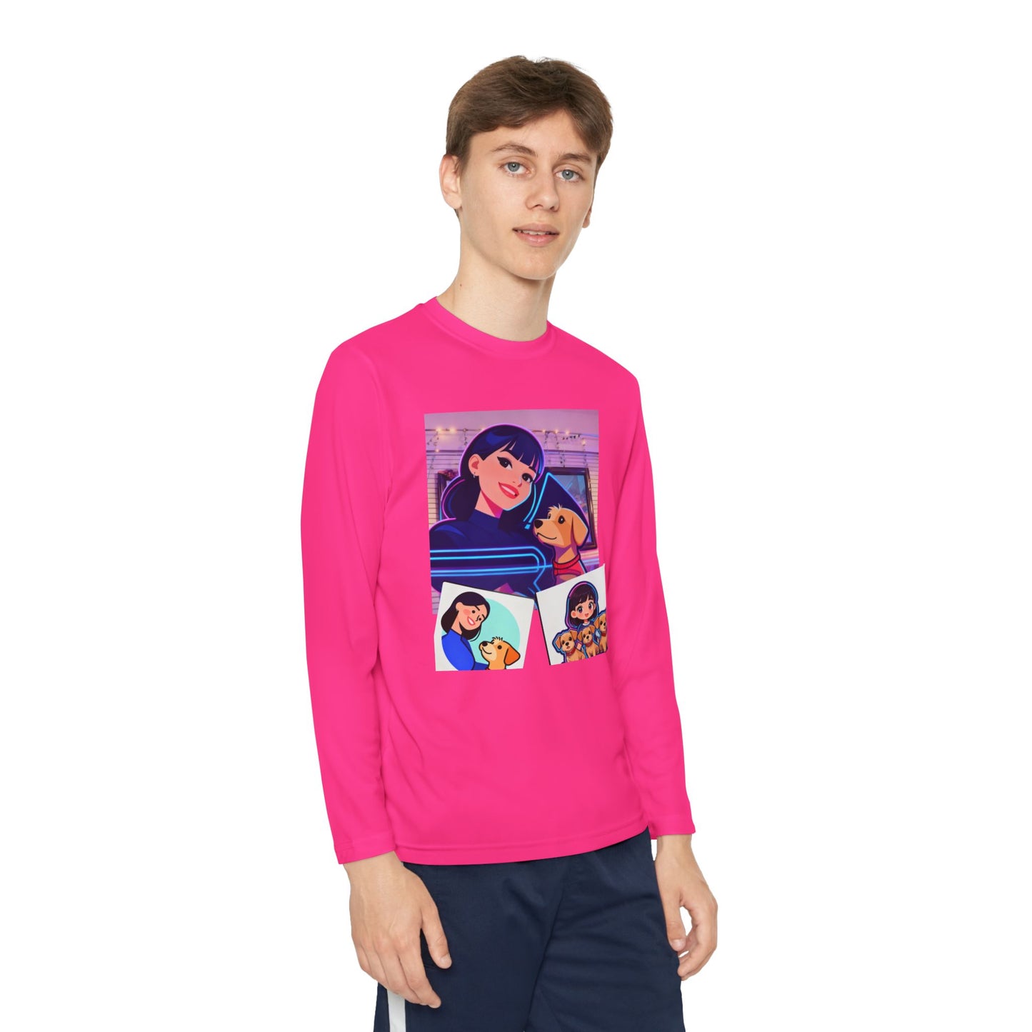 Youth Long Sleeve Tee — Girl Hugging Dog Graphic
