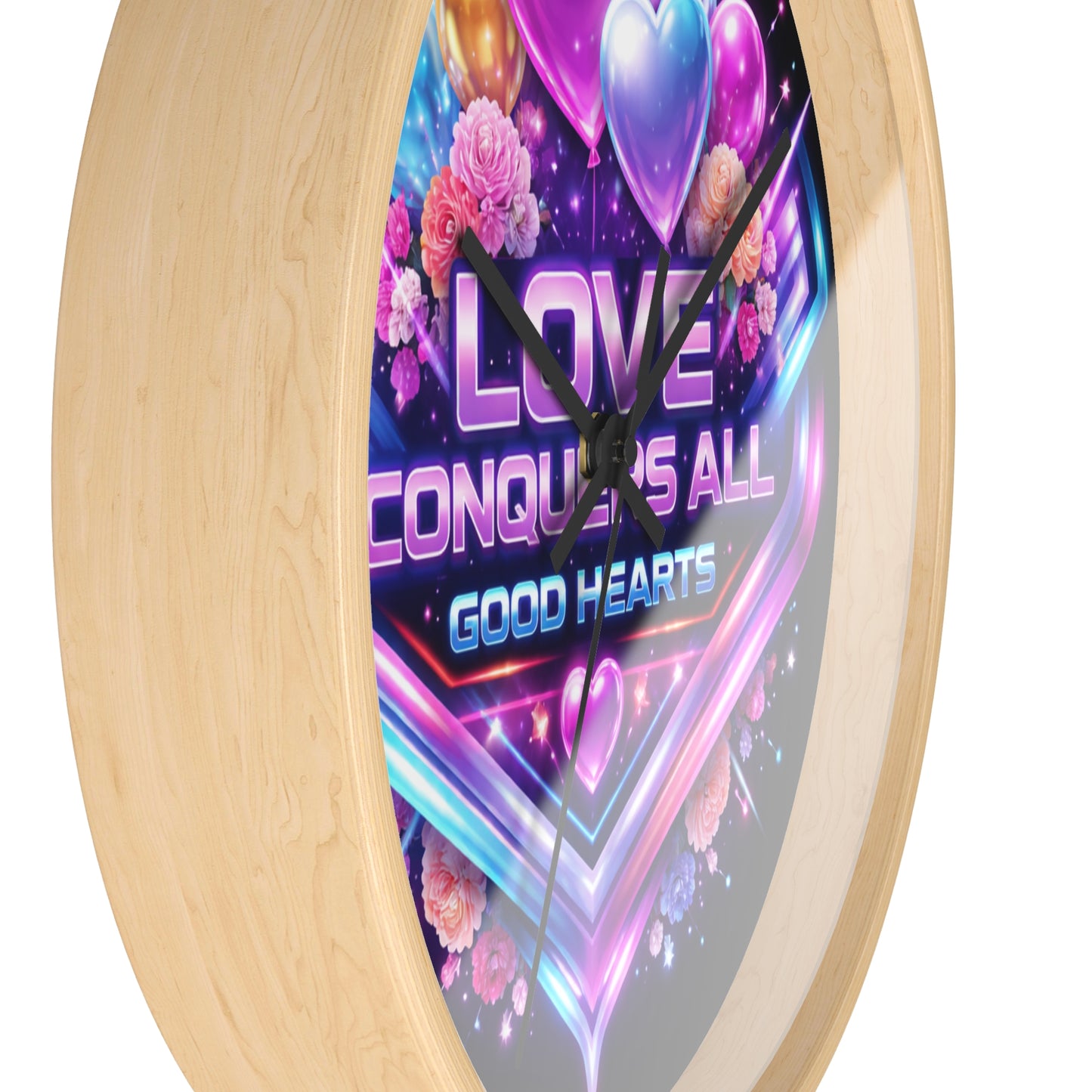 Love Conquers All Wall Clock — Neon Heart Floral Retro Decor