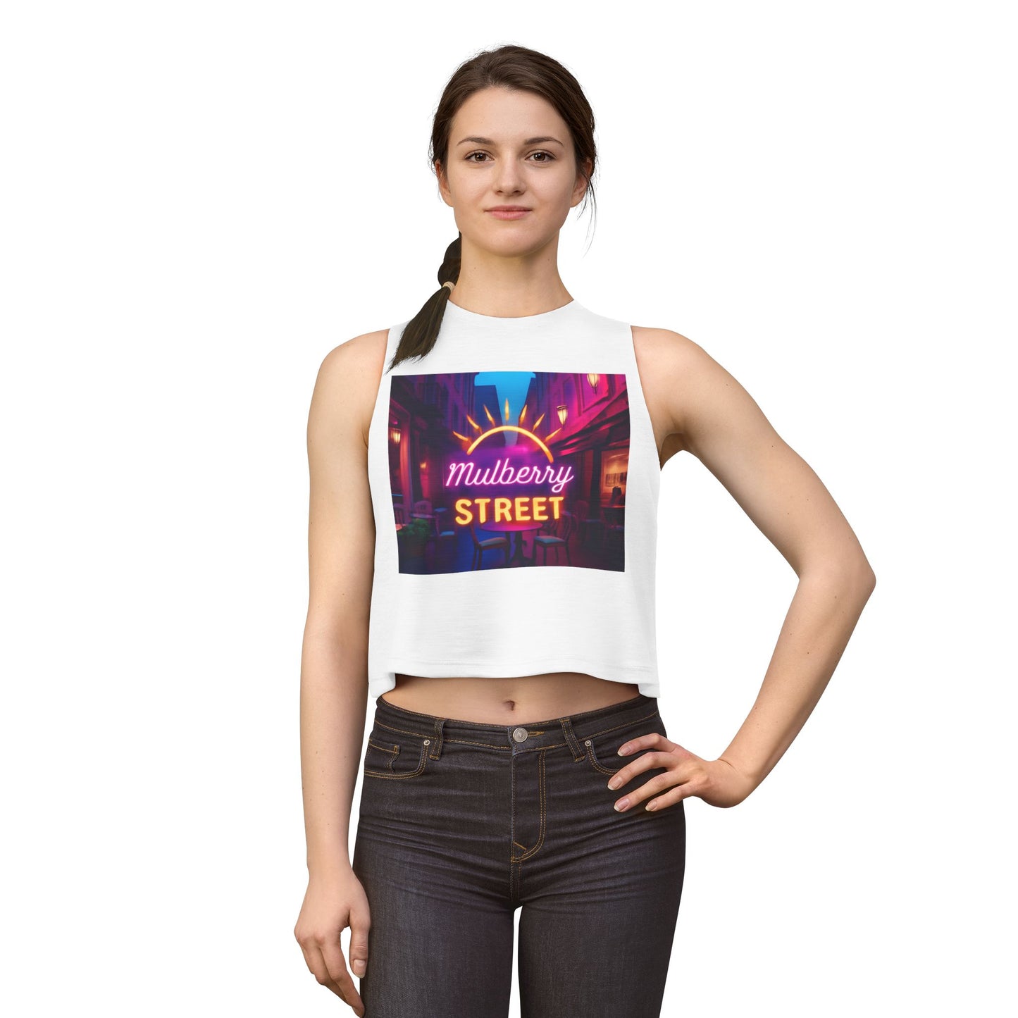 Mulberry Street Neon Crop Top — Vintage Nightlife Graphic Tank