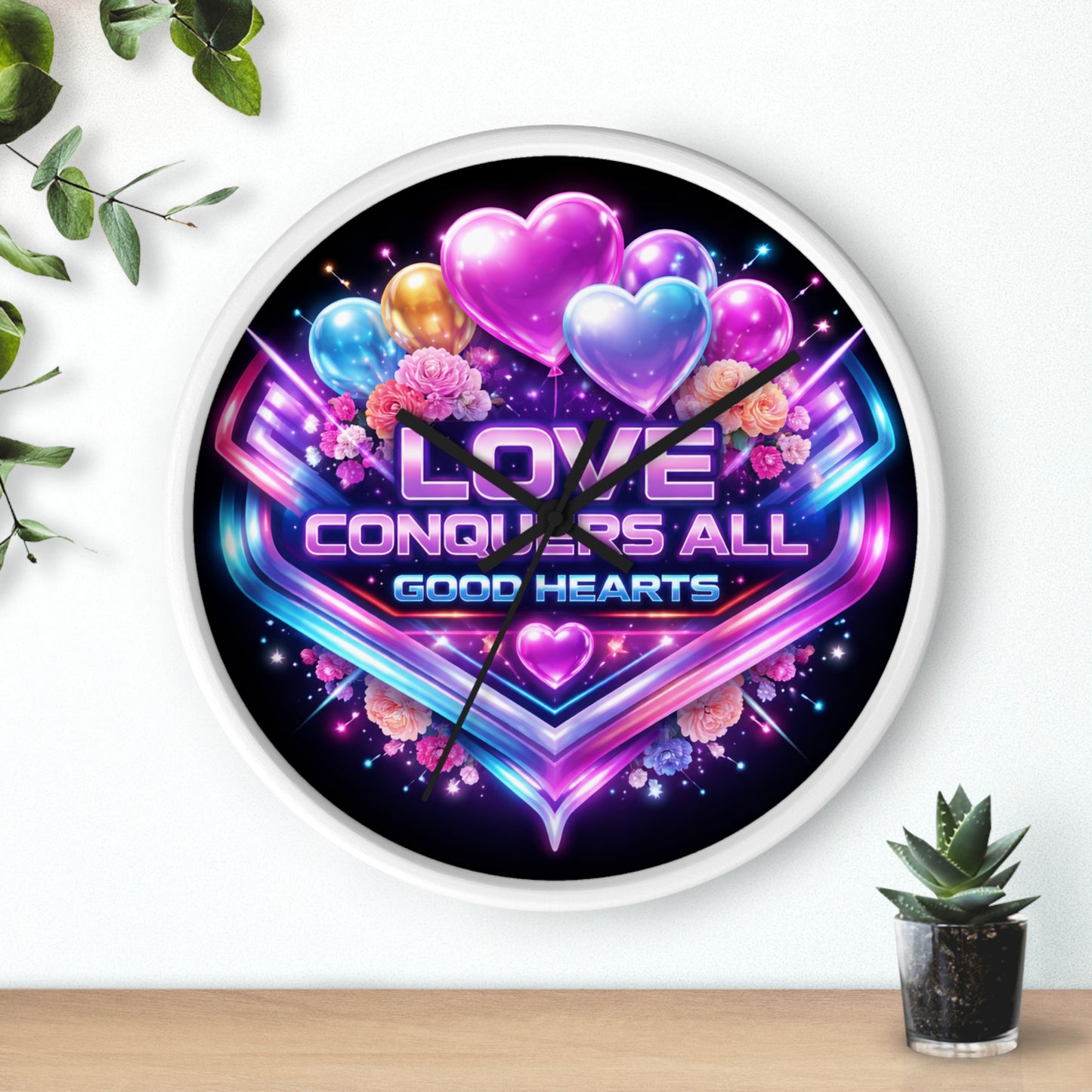 Love Conquers All Wall Clock — Neon Heart Floral Retro Decor