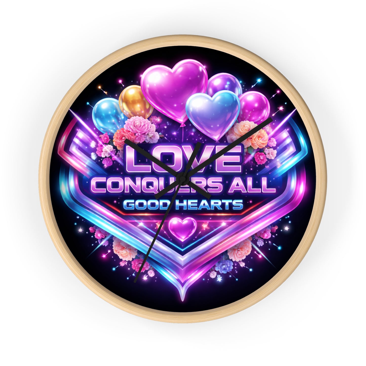 Love Conquers All Wall Clock — Neon Heart Floral Retro Decor