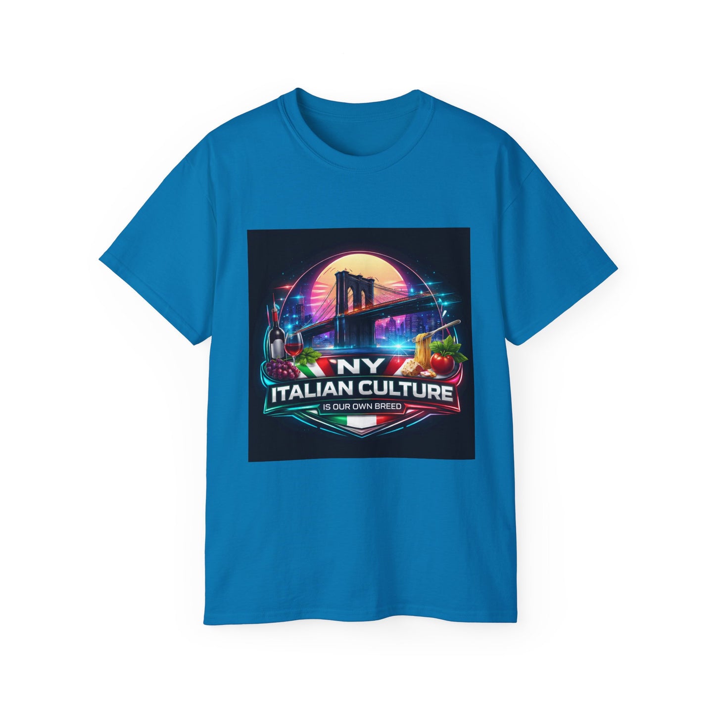 NY Italian Culture T‑Shirt — Retro Neon Brooklyn Bridge Graphic