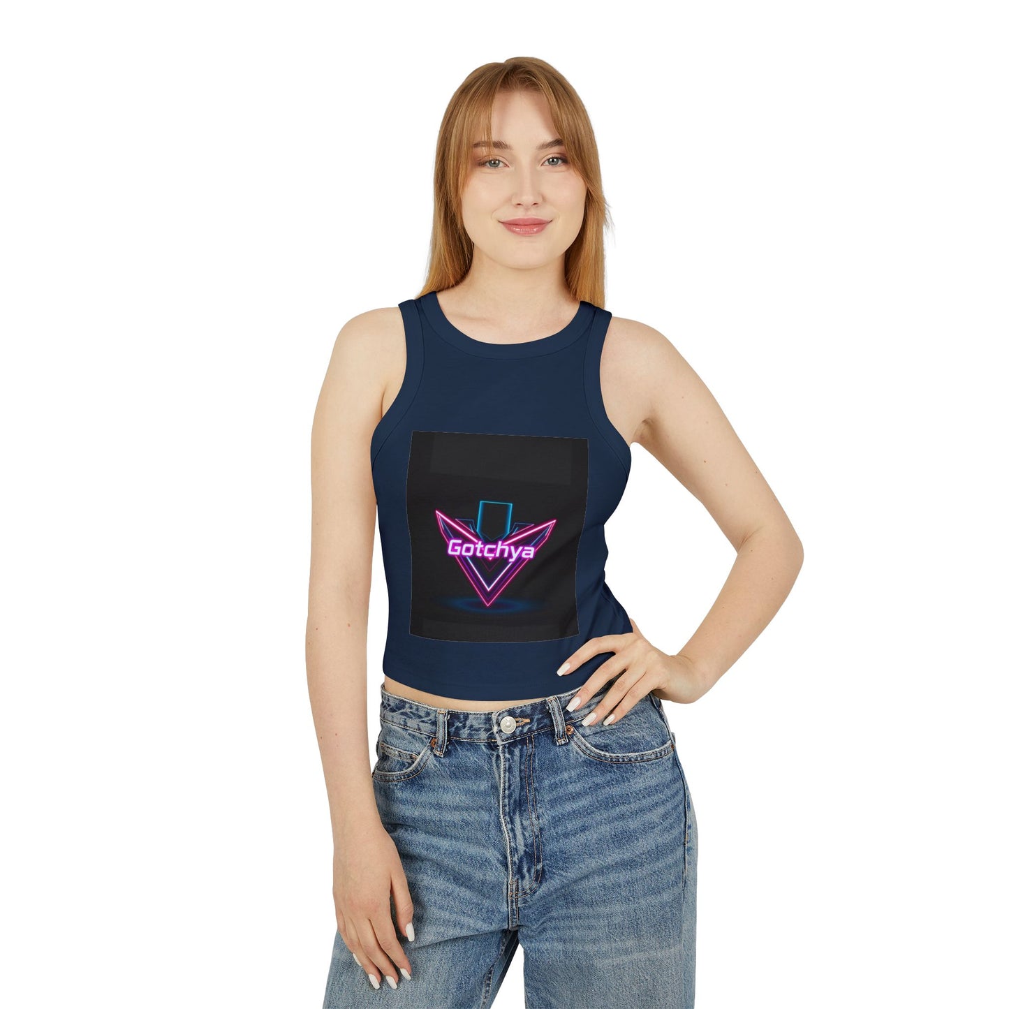 Gotchya Women's Micro Rib Racer Tank Top, Retro Crop Top, Festival Wear, Summer Essential, Workout Shirt, Graphic Tee