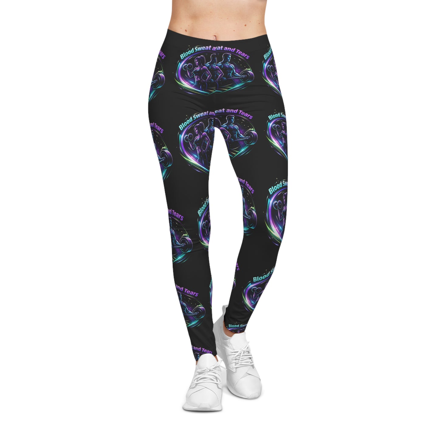 Neon Goth Band Leggings — "Blood Sweat & Smash Tears" All-Over Print