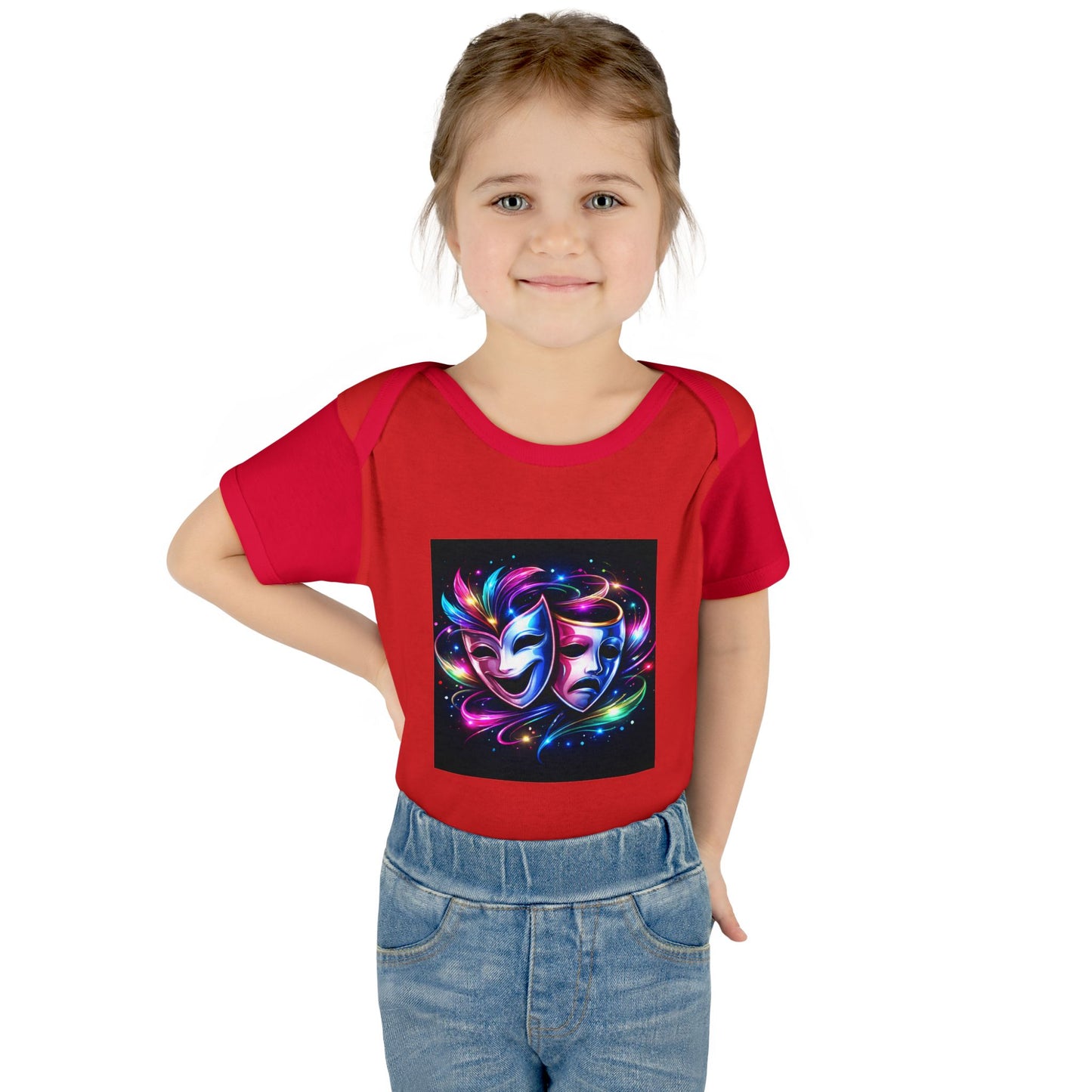 Neon Theatre Masks Infant Bodysuit — Colorful Drama Baby Onesie