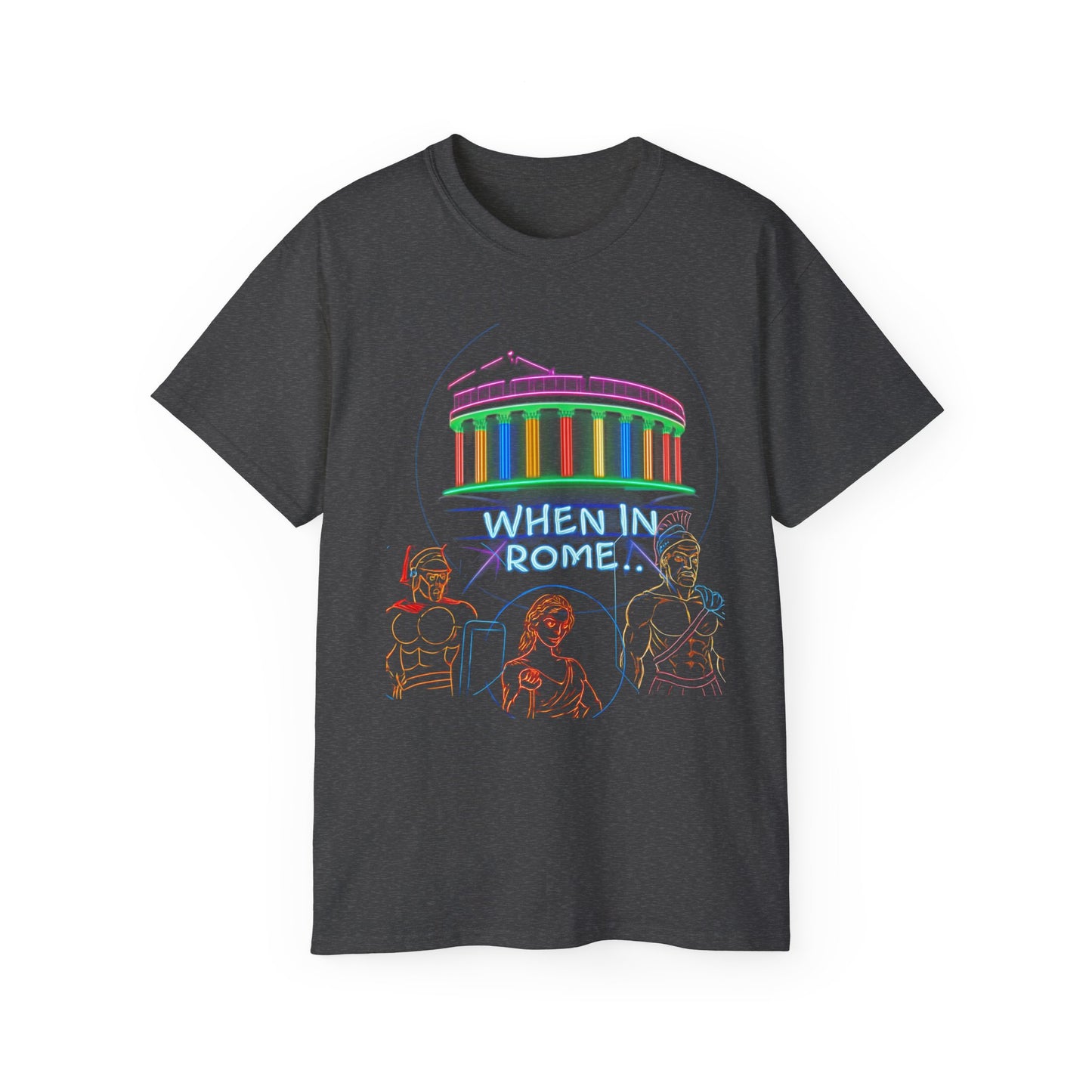 When in Rome Neon Graphic Tee - Roman Gladiator & Colosseum Vintage Style