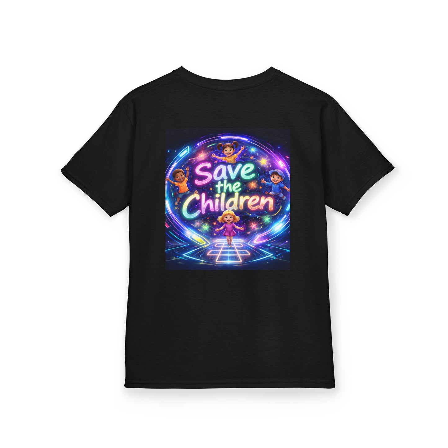Kids Tee — 'Save the Children' Neon Rainbow Charity Design